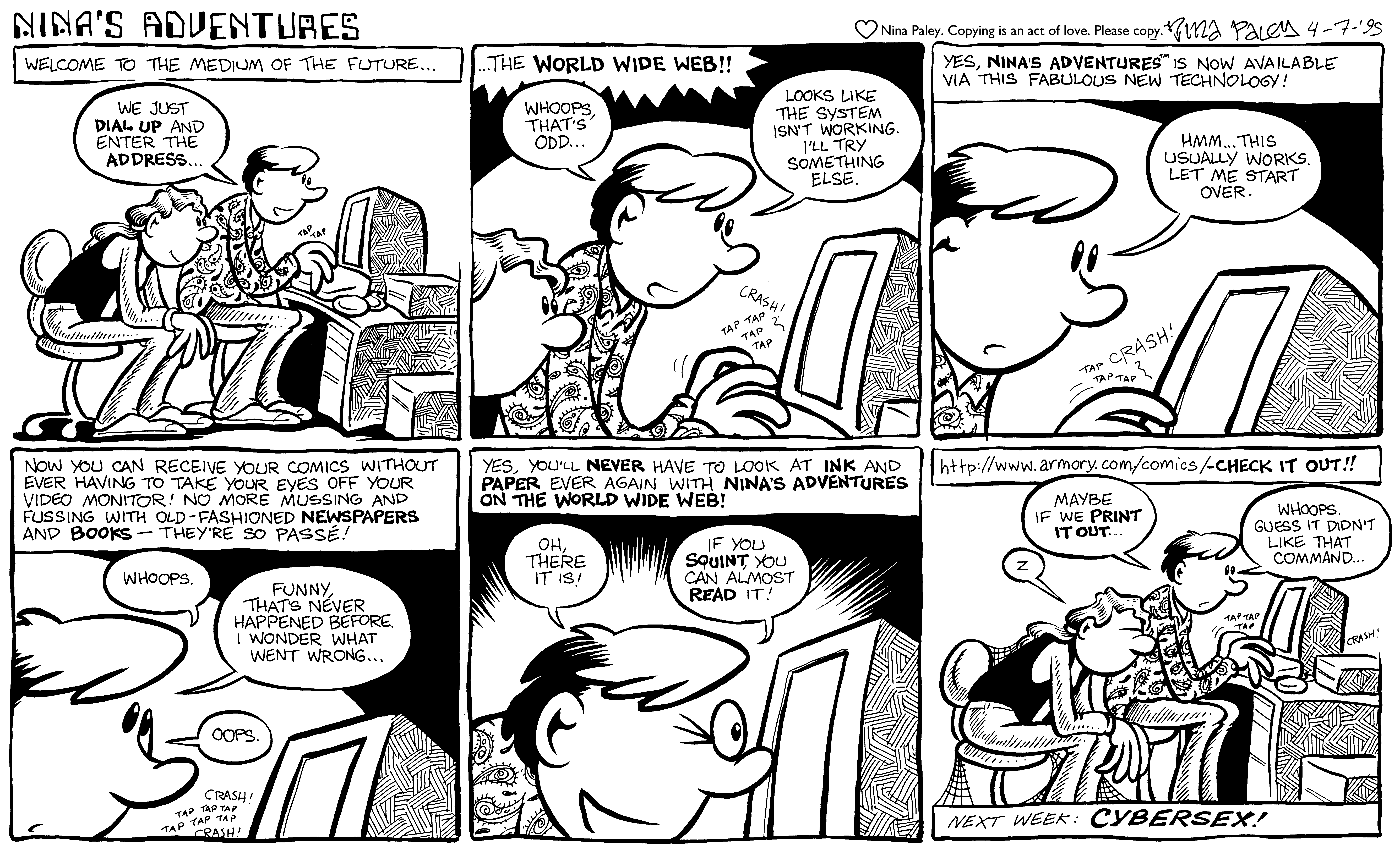 Nina's Adventures: World Wide Web (Apr 7, 1995). Nina Paley, CC BY-SA 3.0. https://archive.org/details/NinasAdventuresFree
