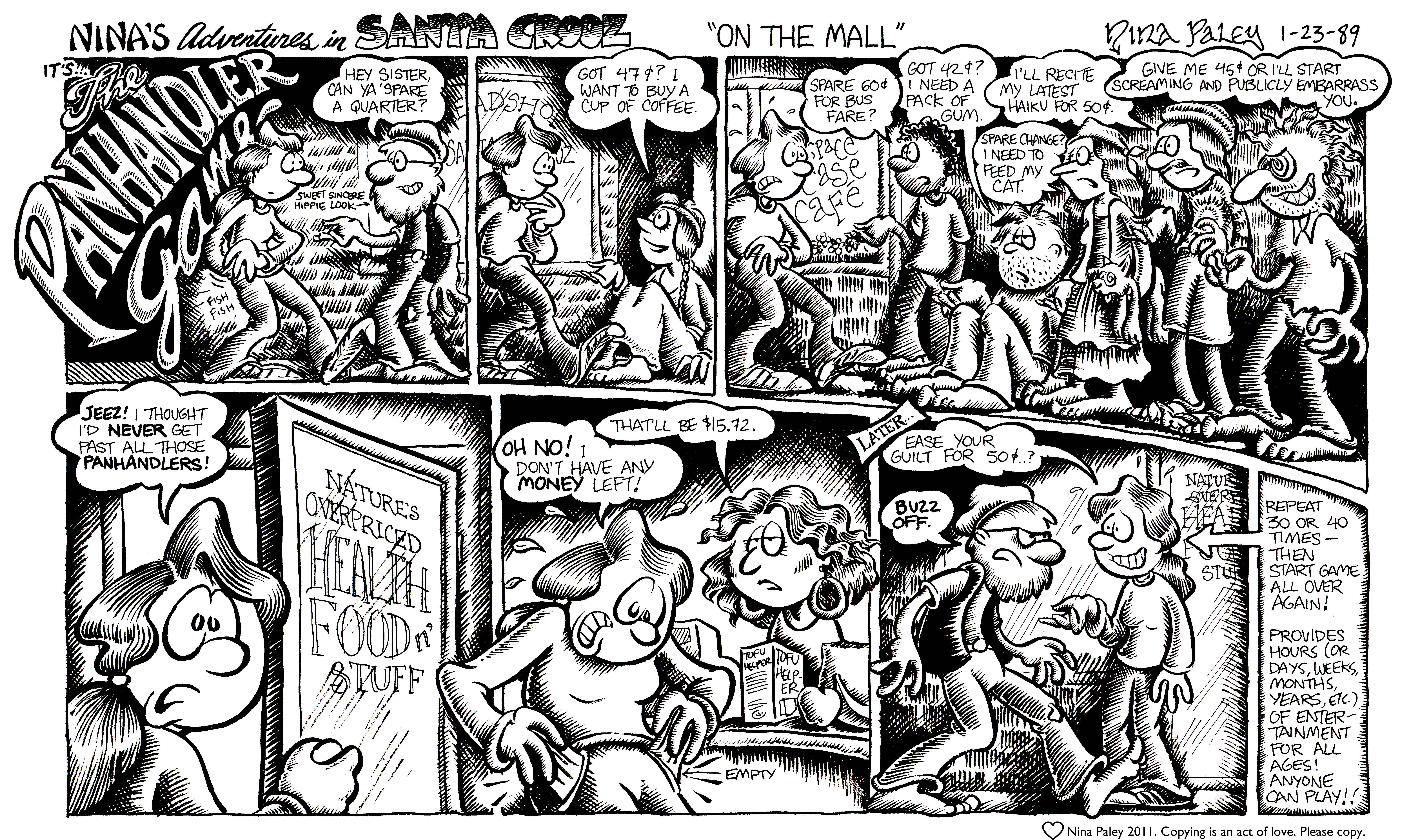 Nina's Adventures: Panhandler Game (Jan 23, 1989). Nina Paley, CC BY-SA 3.0. https://archive.org/details/NinasAdventuresFree
