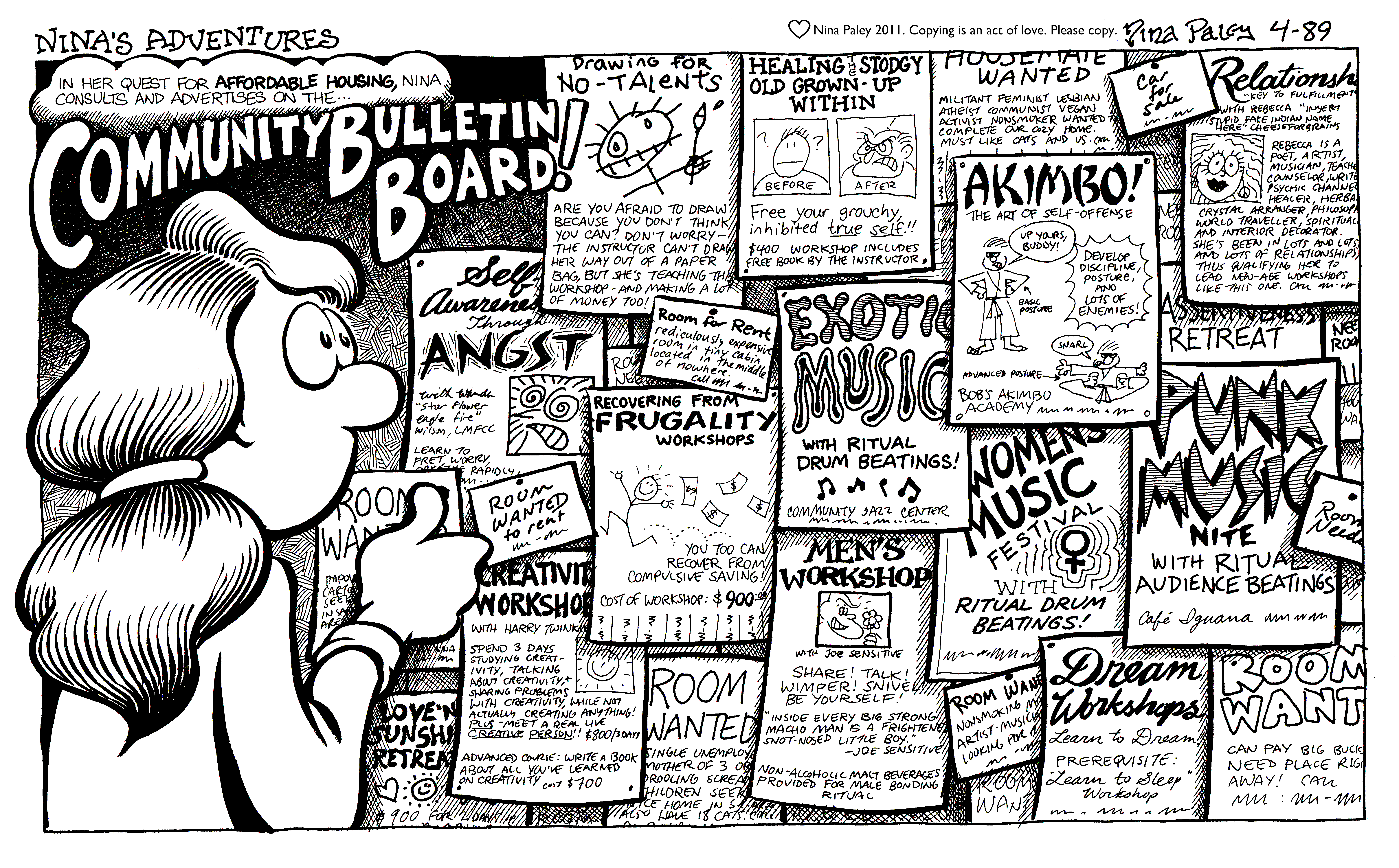 Nina's Adventures: Bulletin Board (Apr 1989). Nina Paley, CC BY-SA 3.0. https://archive.org/details/NinasAdventuresFree