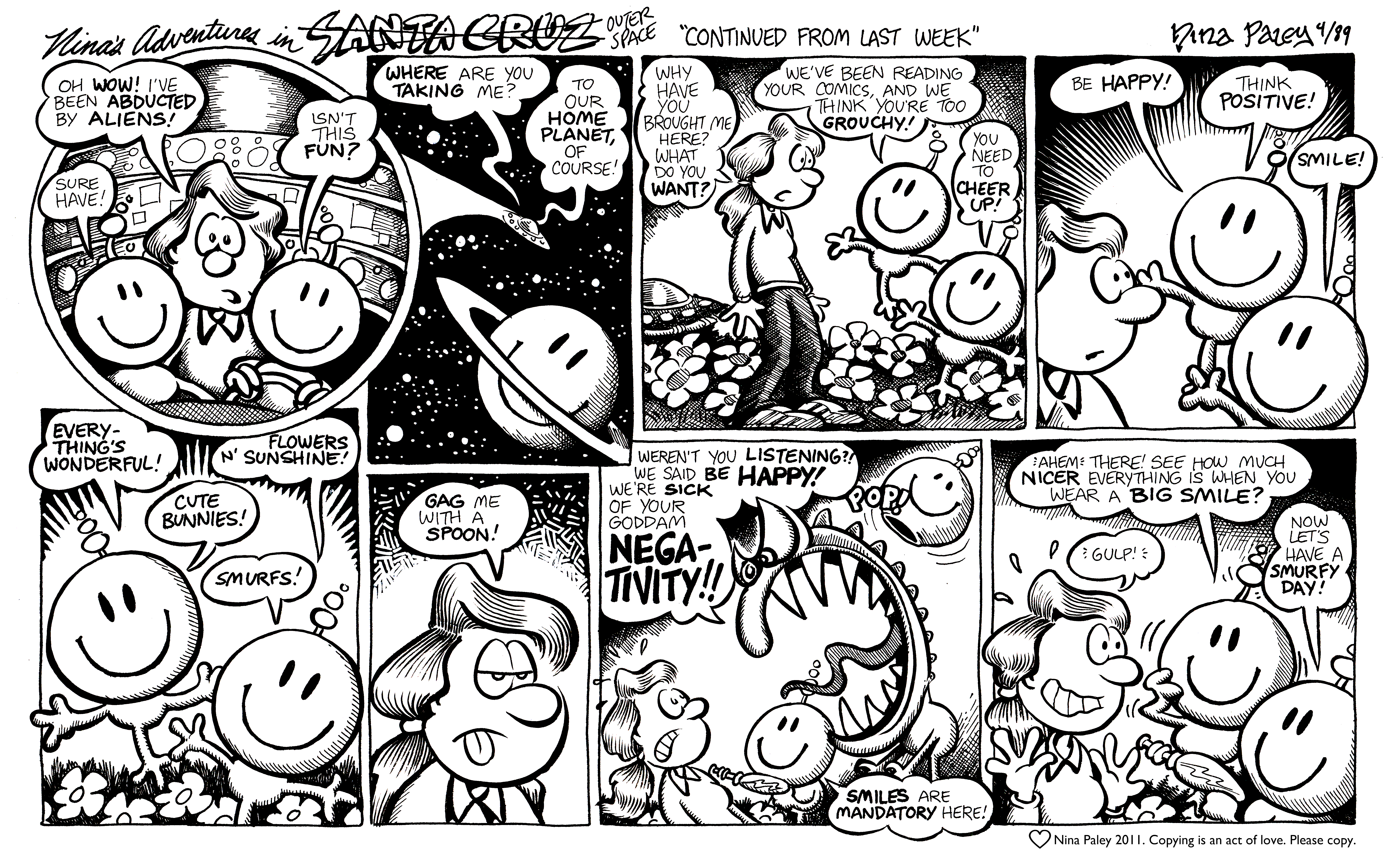 Nina's Adventures: Forced Positivity (Apr 1989). Nina Paley, CC BY-SA 3.0. https://archive.org/details/NinasAdventuresFree
