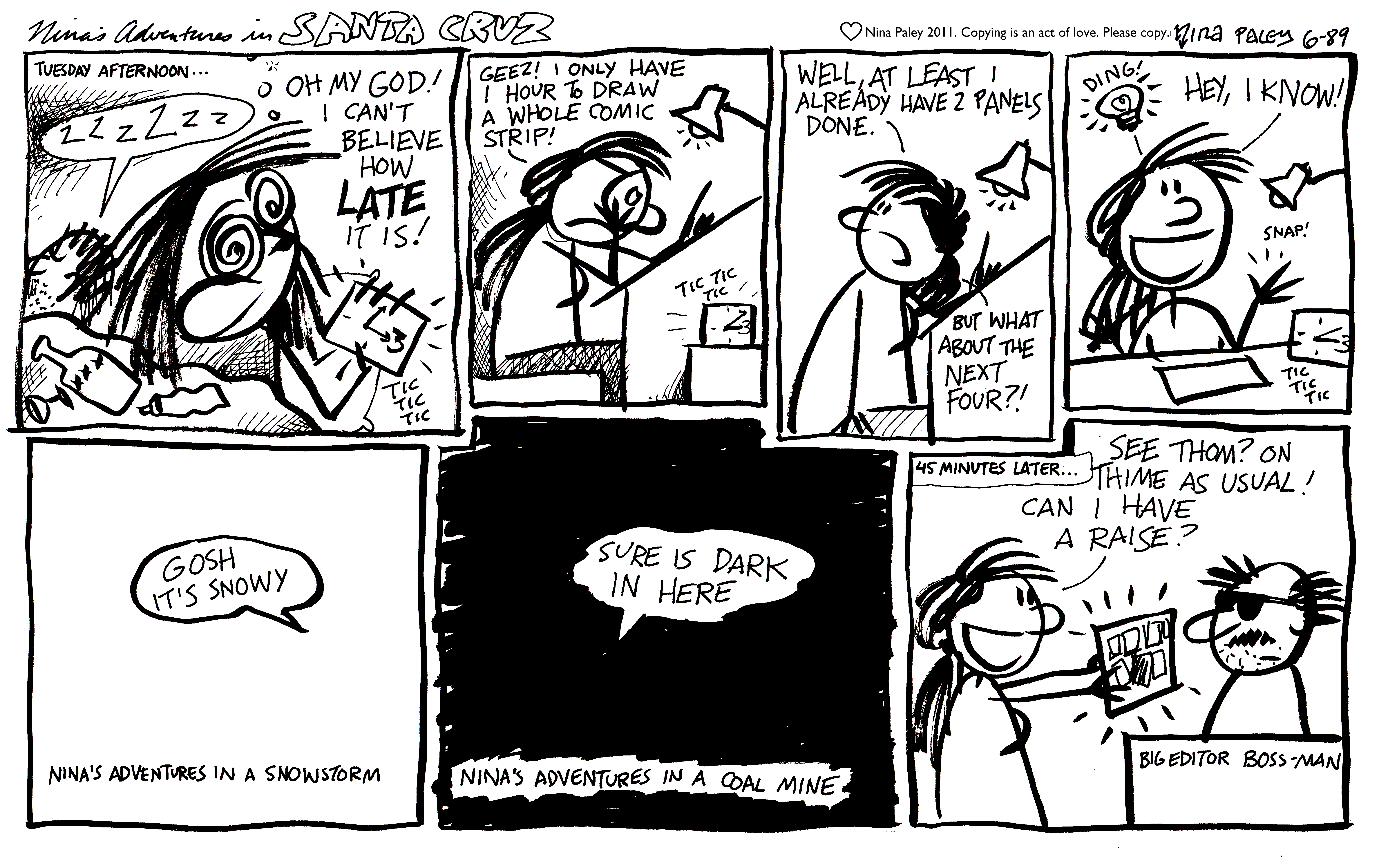 Nina's Adventures: Crunch Time (Jun 1989). Nina Paley, CC BY-SA 3.0. https://archive.org/details/NinasAdventuresFree