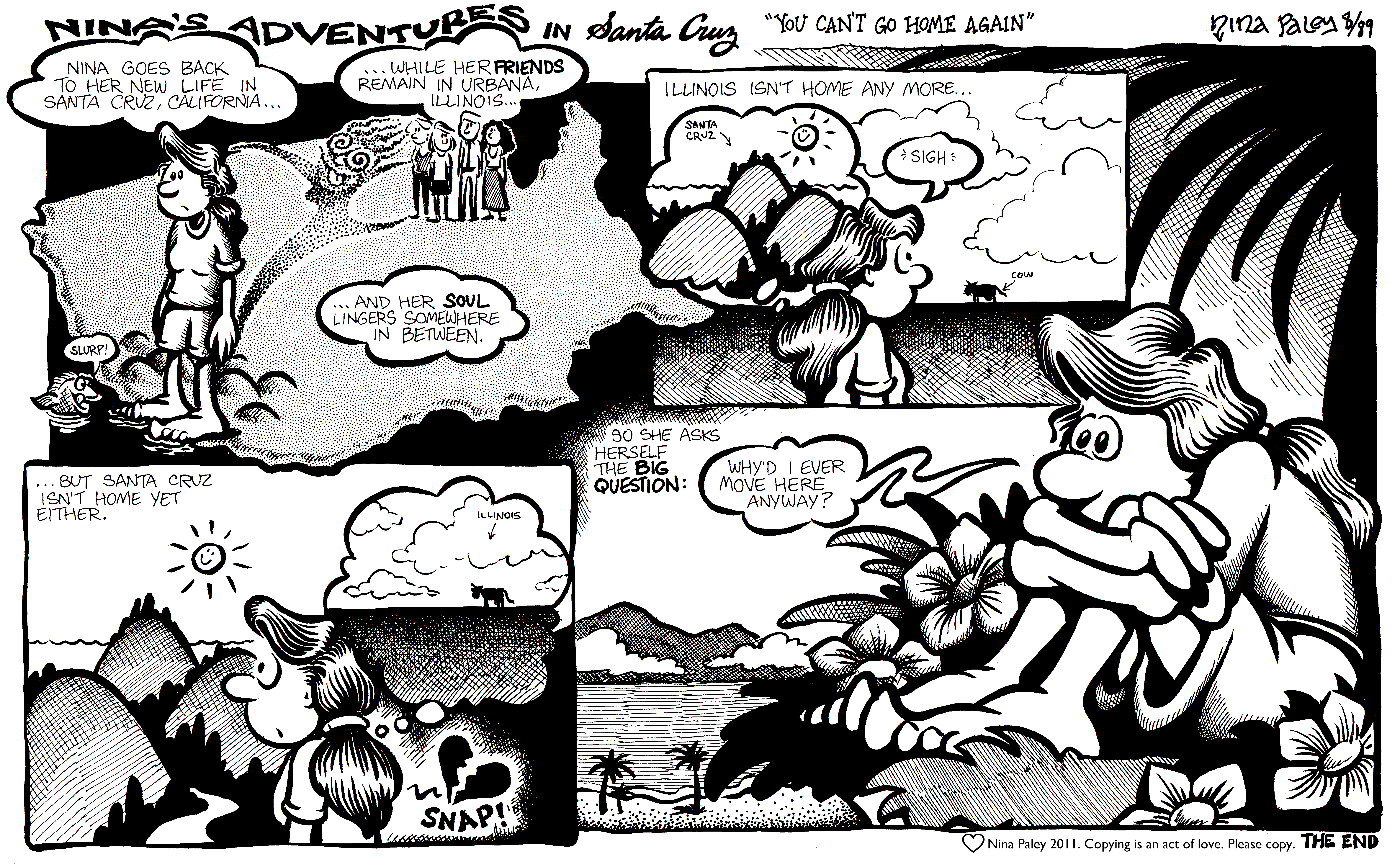 Nina's Adventures: Cant Go Home (Aug 1989). Nina Paley, CC BY-SA 3.0. https://archive.org/details/NinasAdventuresFree