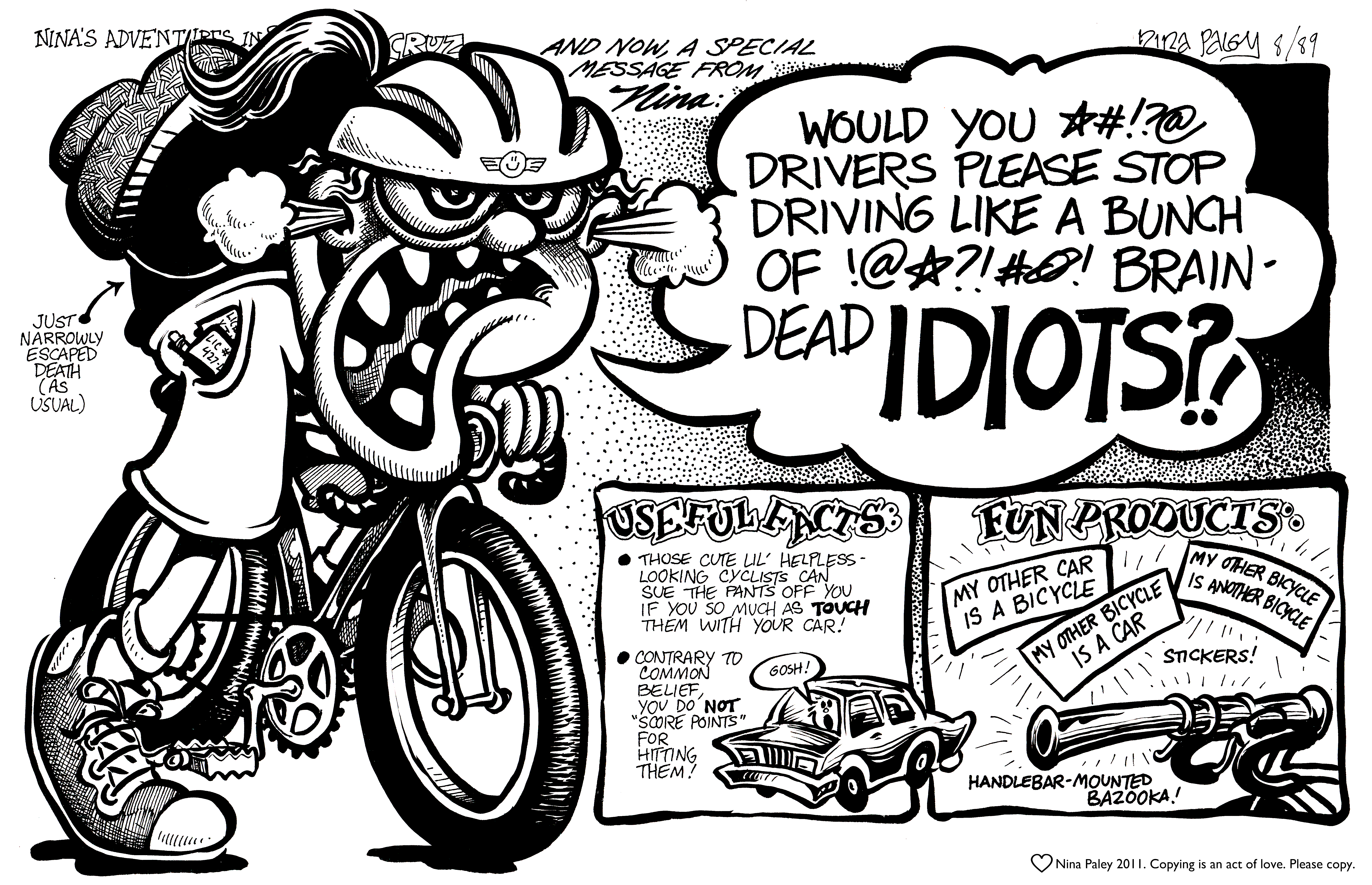 Nina's Adventures: Road Rage (Aug 1989). Nina Paley, CC BY-SA 3.0. https://archive.org/details/NinasAdventuresFree