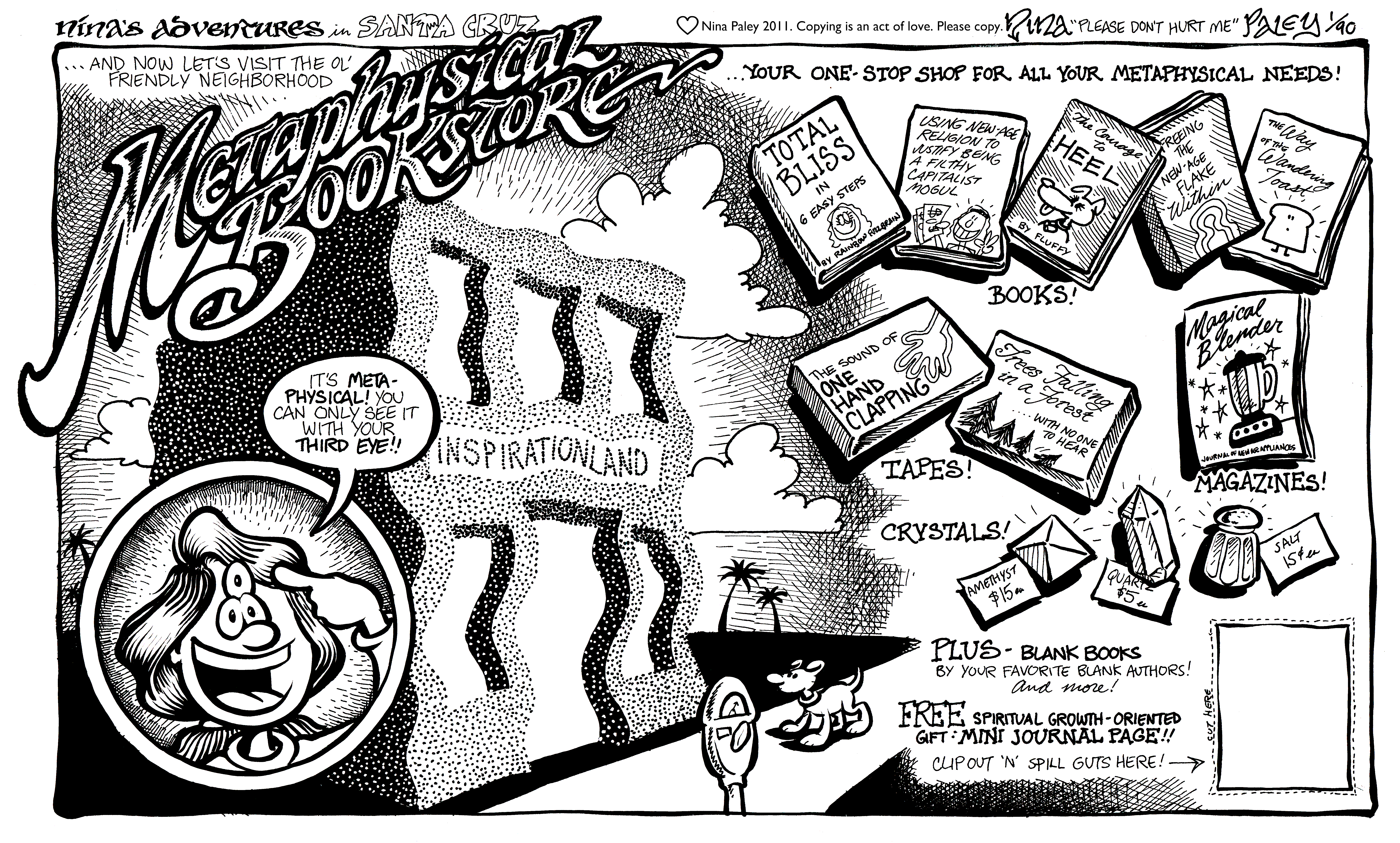 Nina's Adventures: Metaphysicalbookstore (Jan 1990). Nina Paley, CC BY-SA 3.0. https://archive.org/details/NinasAdventuresFree