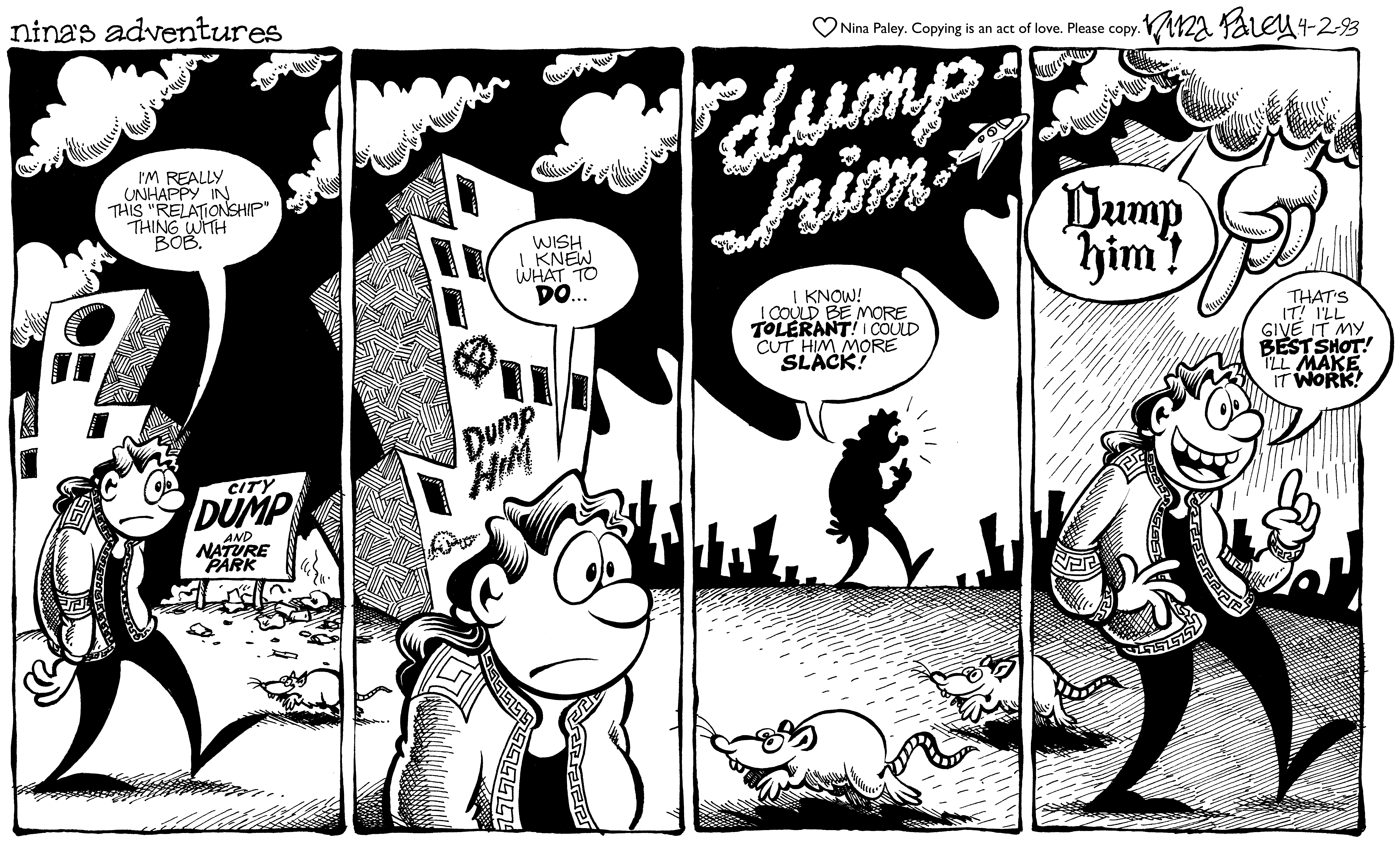Nina's Adventures: Dump Him clean (Apr 2, 1993). Nina Paley, CC BY-SA 3.0. https://archive.org/details/NinasAdventuresFree