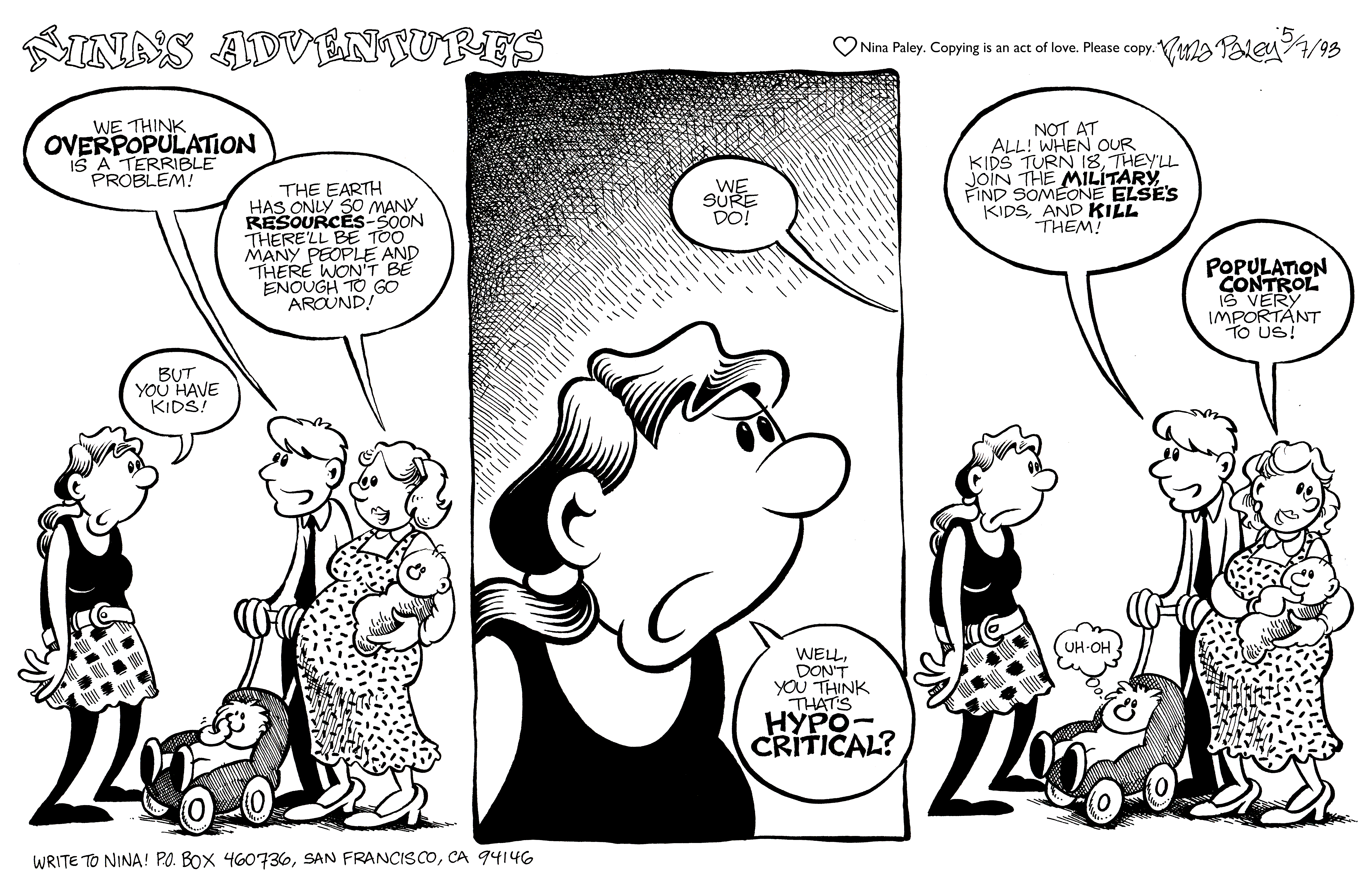 Nina's Adventures: Population Control (May 7, 1993). Nina Paley, CC BY-SA 3.0. https://archive.org/details/NinasAdventuresFree