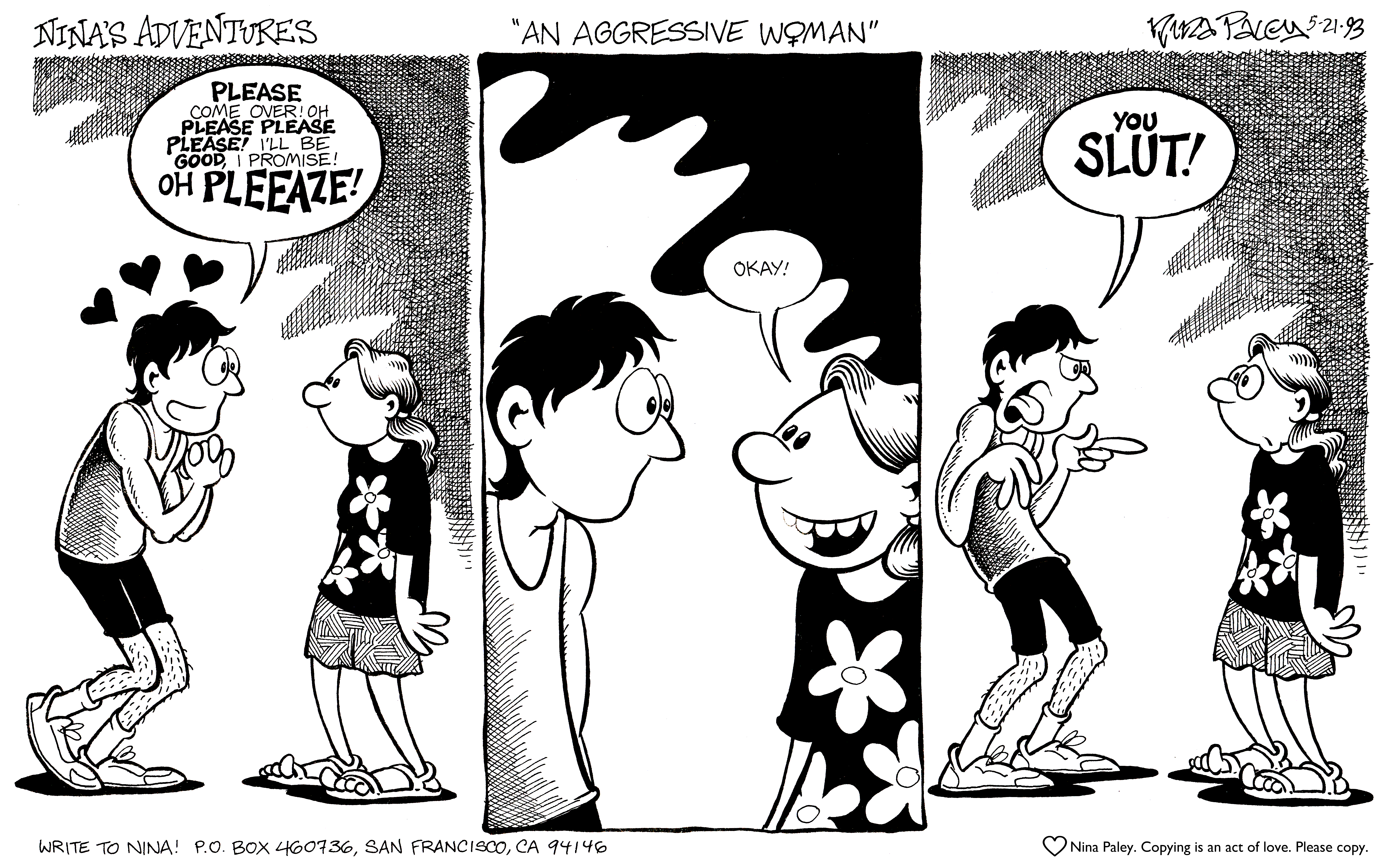 Nina's Adventures: Aggresive Woman (May 21, 1993). Nina Paley, CC BY-SA 3.0. https://archive.org/details/NinasAdventuresFree