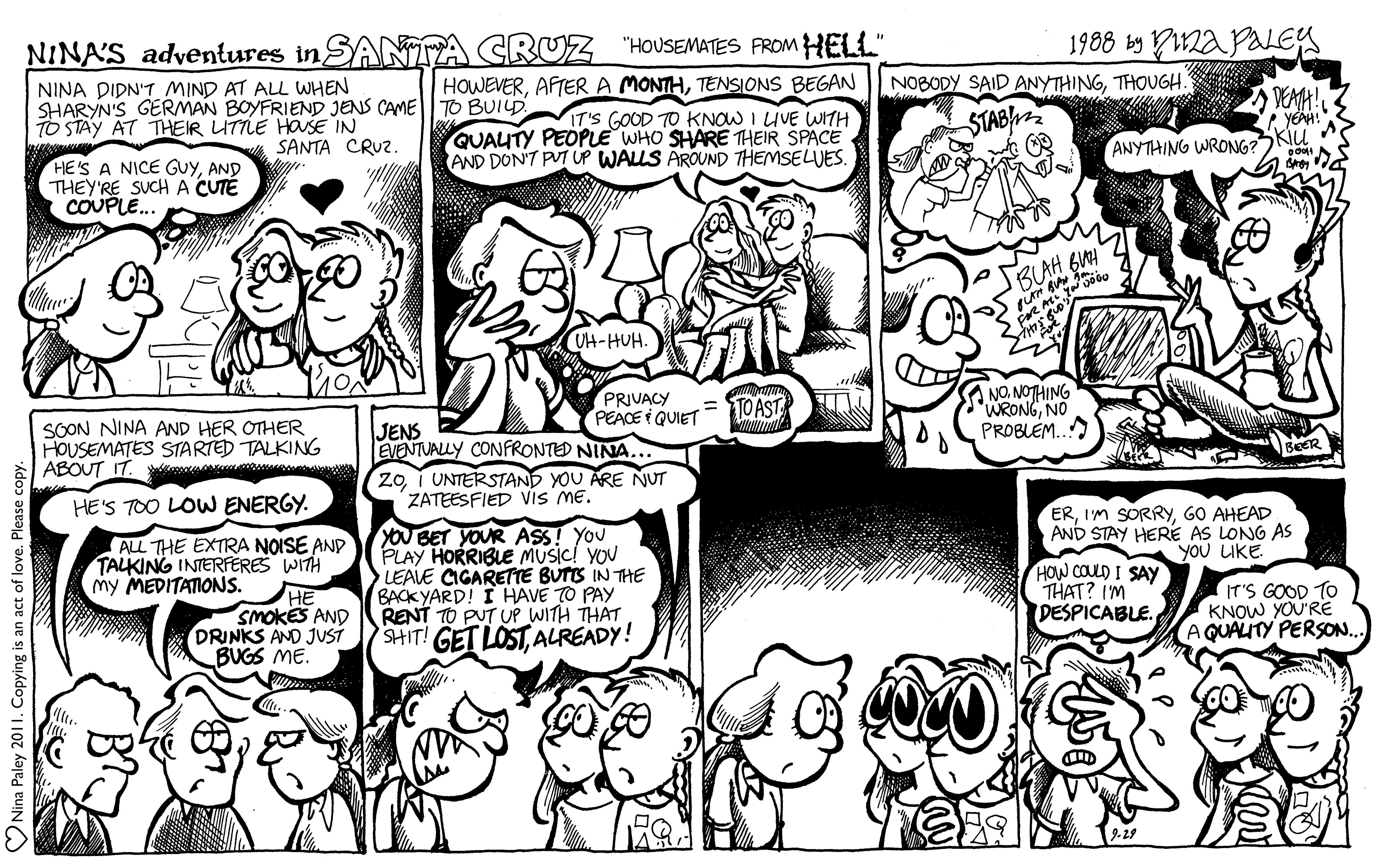 Nina's Adventures: Housemates (Sep 29, 1988). Nina Paley, CC BY-SA 3.0. https://archive.org/details/NinasAdventuresFree