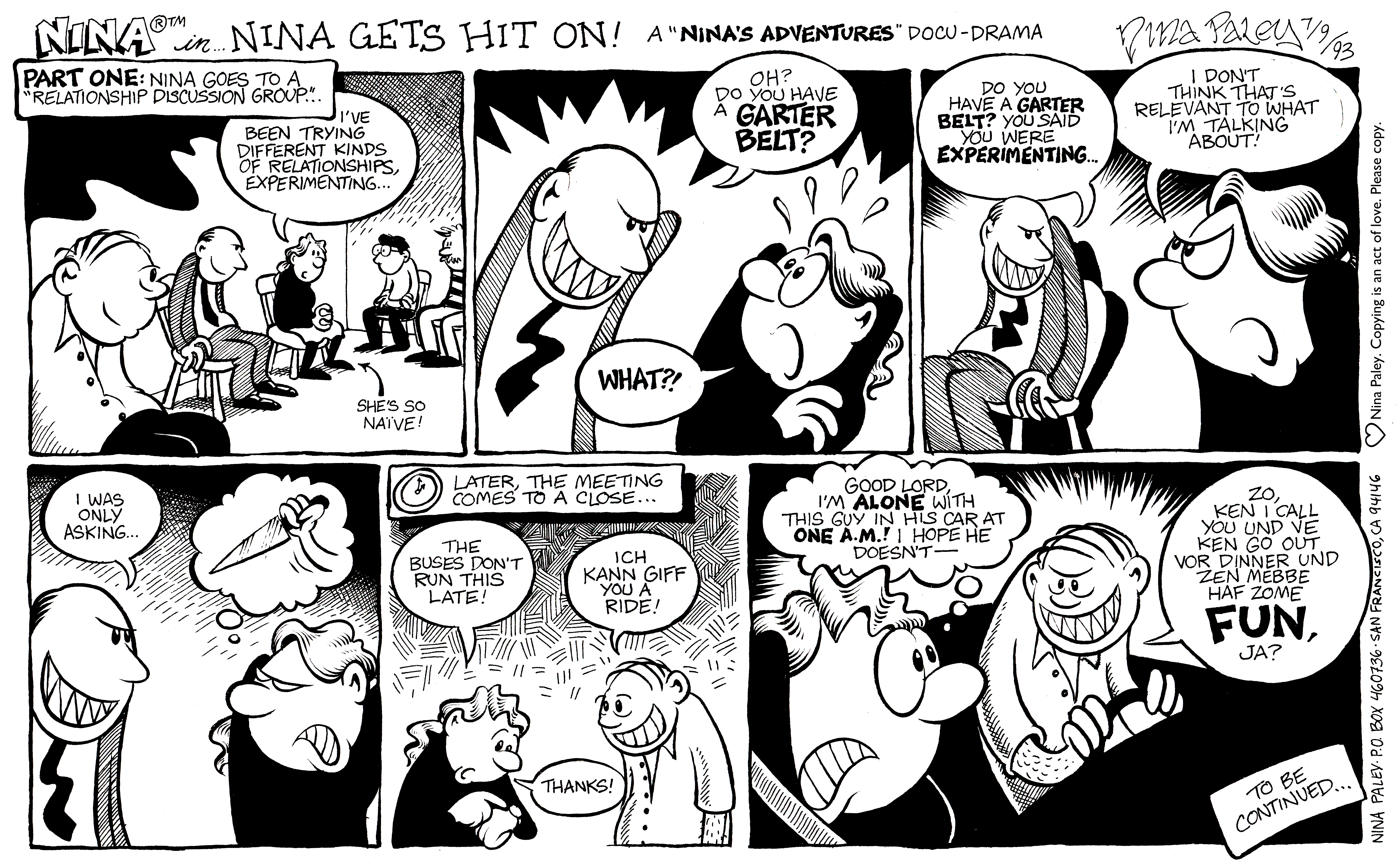Nina's Adventures: Gets Hit On (Jul 9, 1993). Nina Paley, CC BY-SA 3.0. https://archive.org/details/NinasAdventuresFree