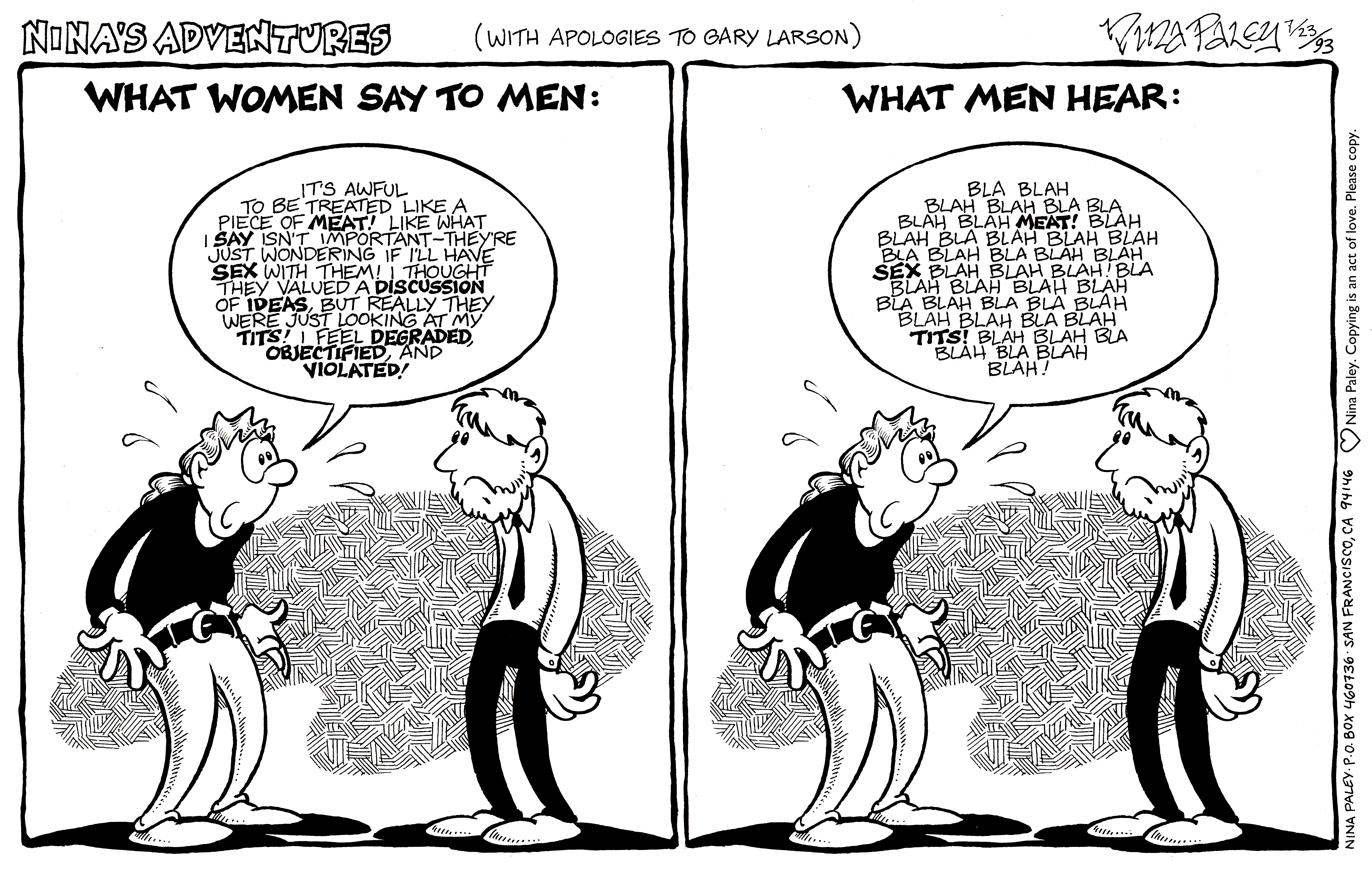 Nina's Adventures: What Men Hear (Jul 23, 1993). Nina Paley, CC BY-SA 3.0. https://archive.org/details/NinasAdventuresFree