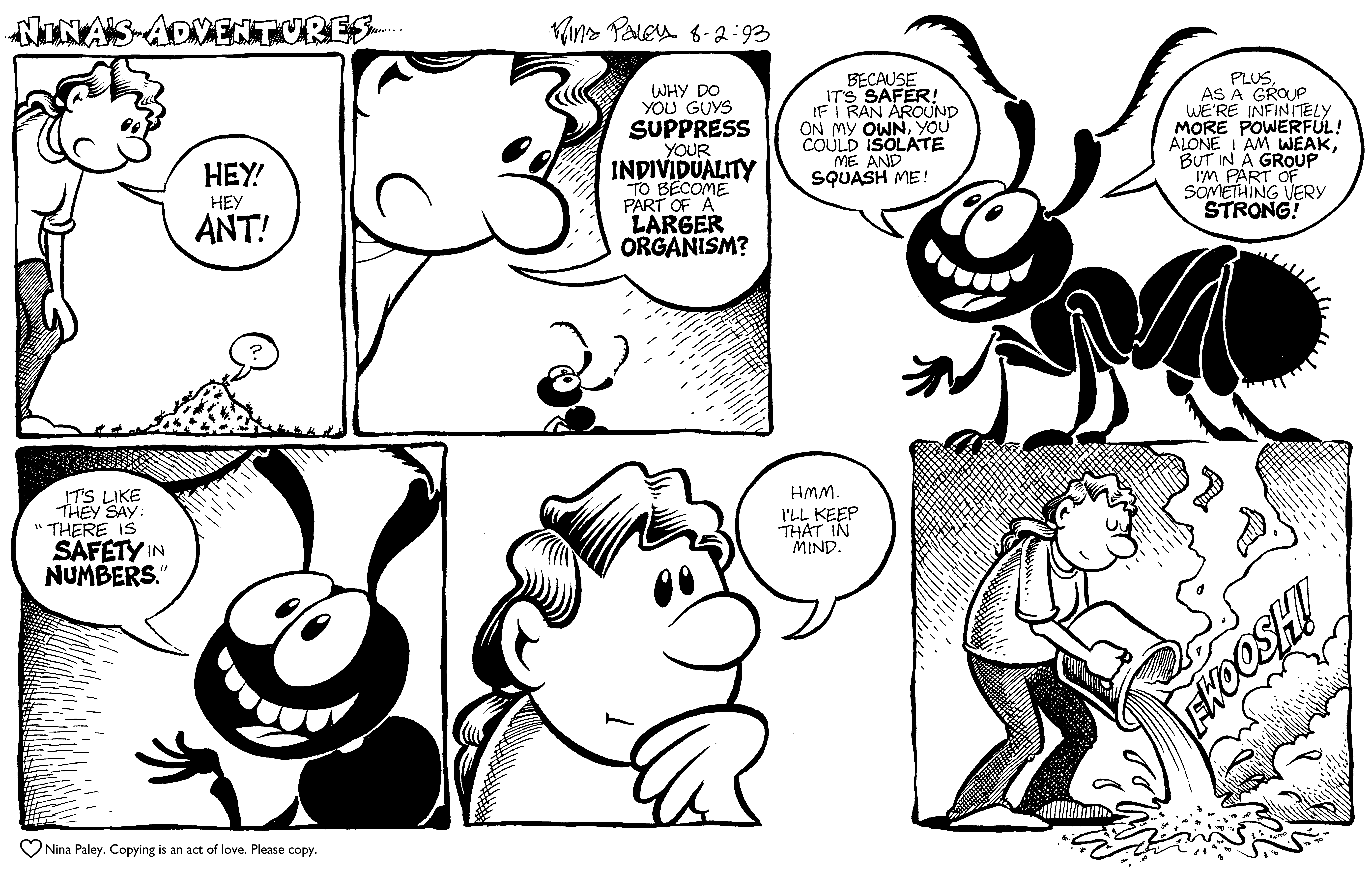 Nina's Adventures: Ant (Aug 2, 1993). Nina Paley, CC BY-SA 3.0. https://archive.org/details/NinasAdventuresFree