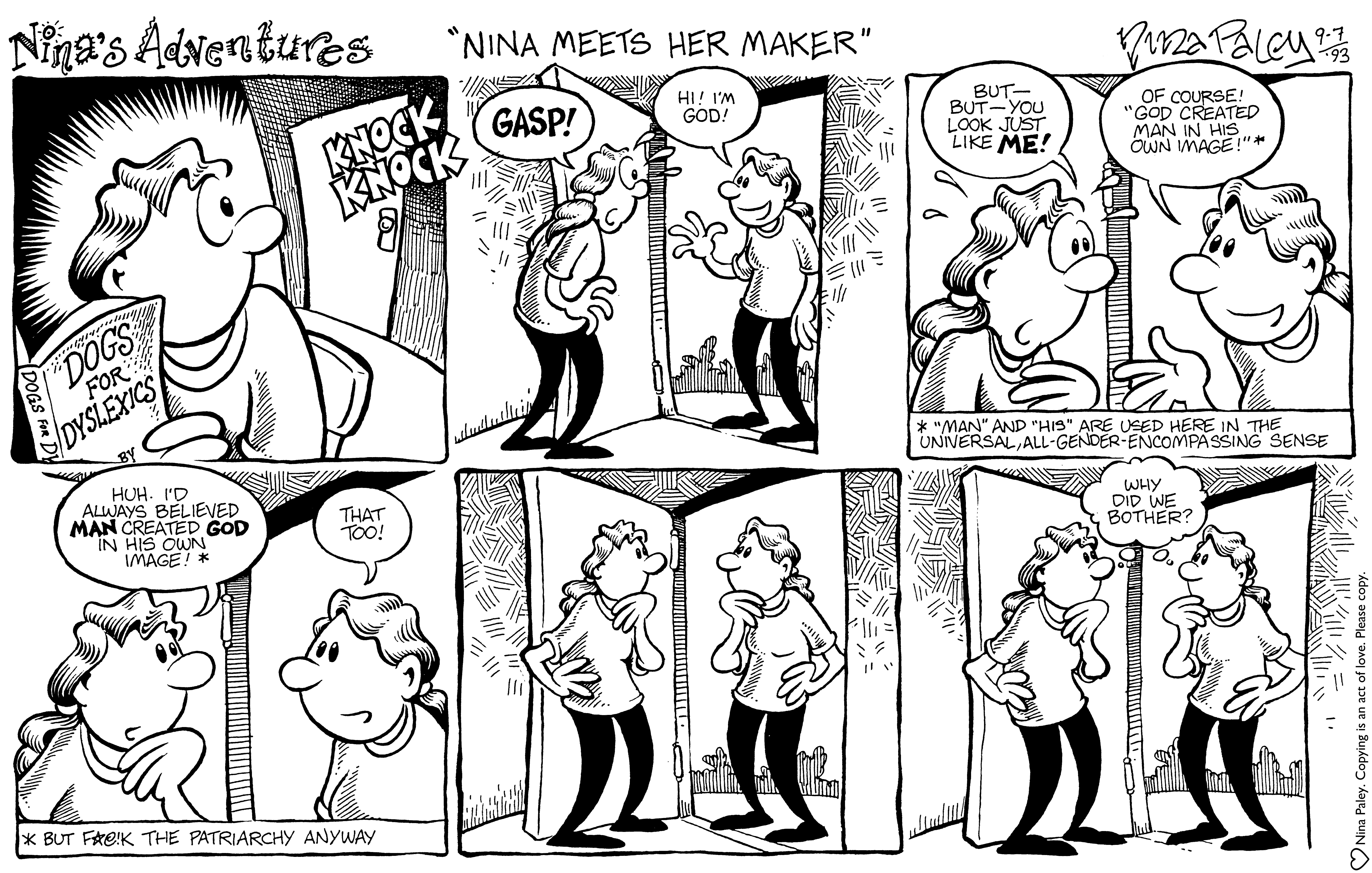 Nina's Adventures: Nina Meets Her Maker (Sep 7, 1993). Nina Paley, CC BY-SA 3.0. https://archive.org/details/NinasAdventuresFree