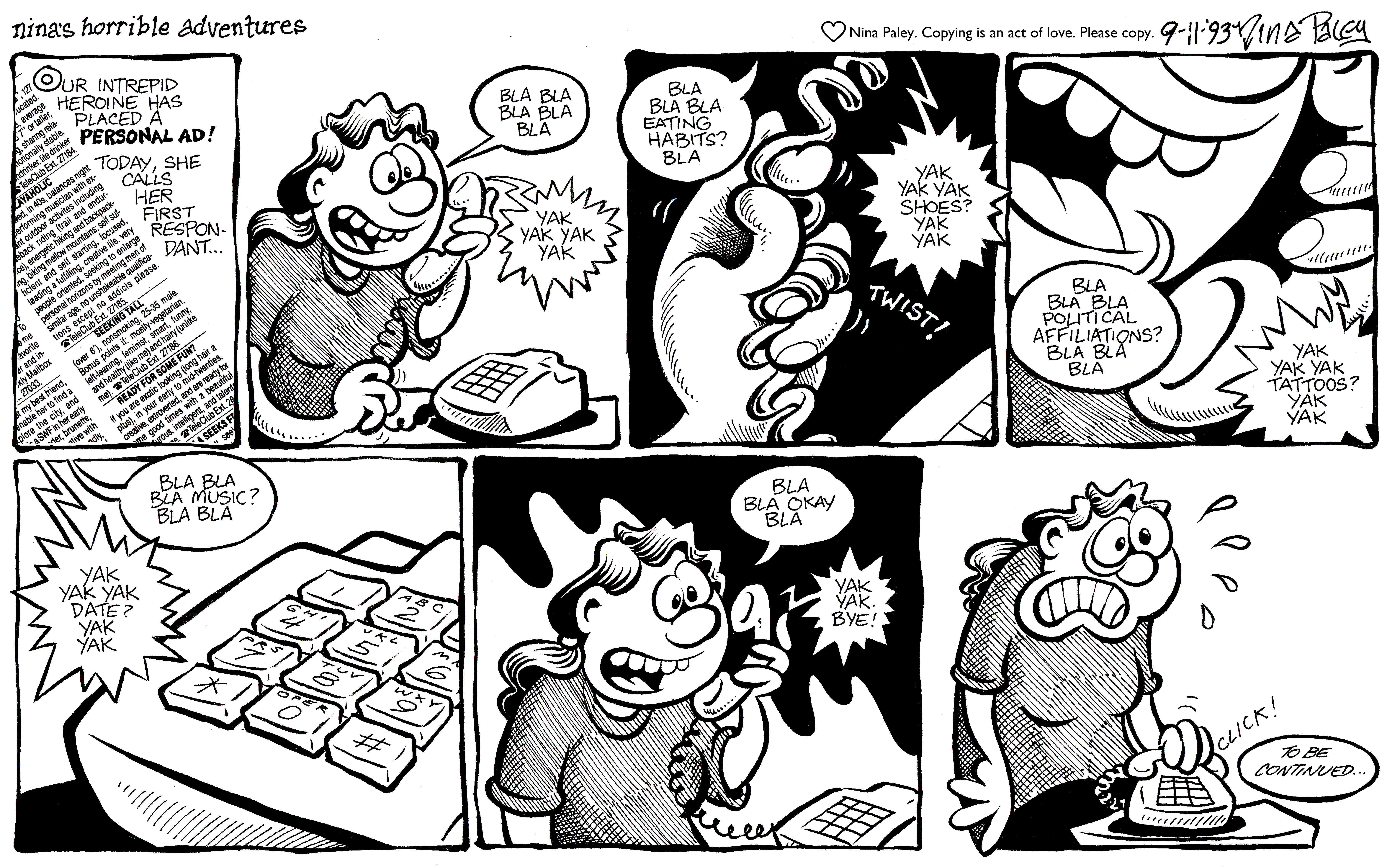 Nina's Adventures: Call Date (Sep 11, 1993). Nina Paley, CC BY-SA 3.0. https://archive.org/details/NinasAdventuresFree