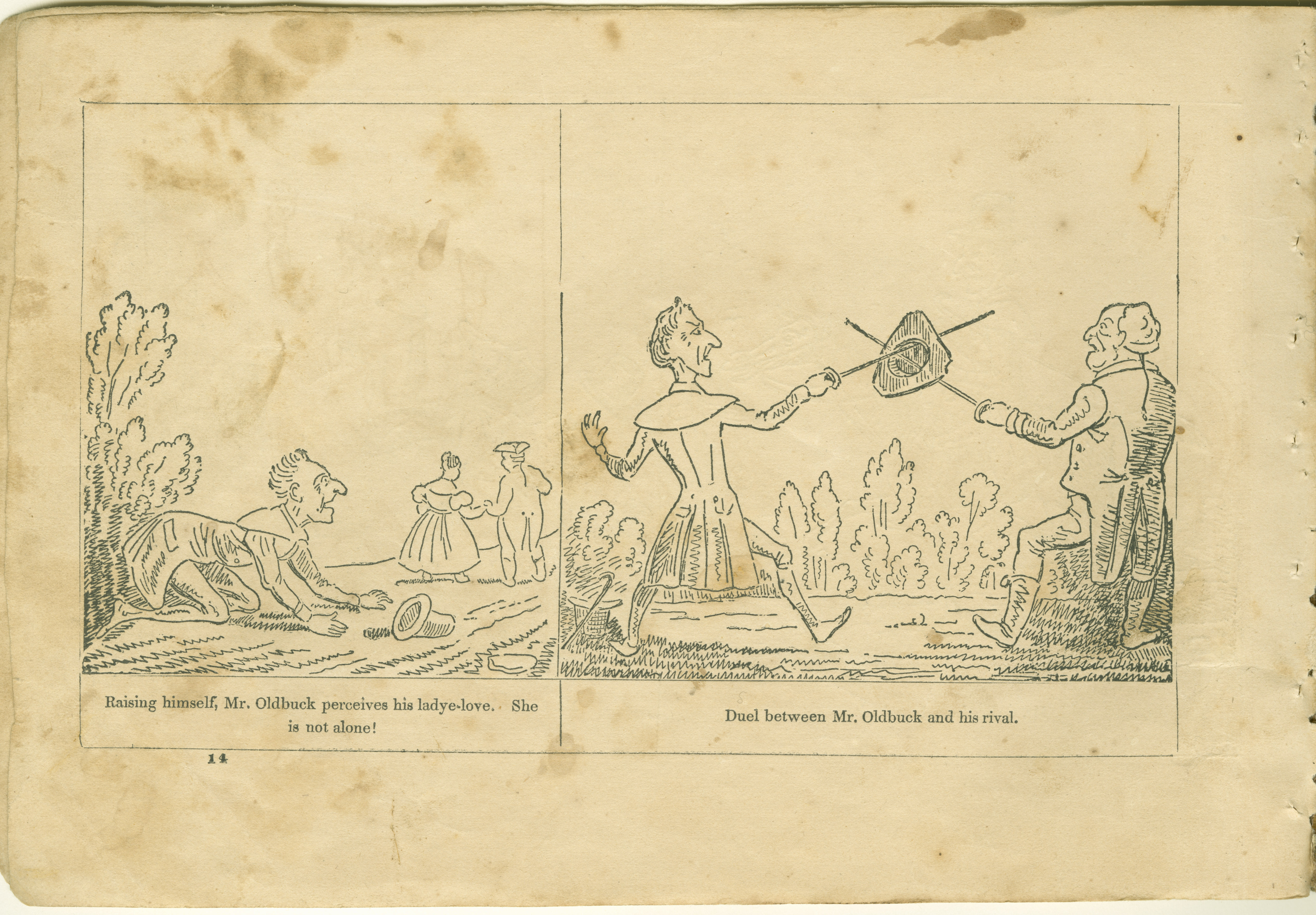 The Adventures of Mr. Obadiah Oldbuck (Rodolphe Töpffer; Wilson and Company, New York), leaf 13. Public domain.