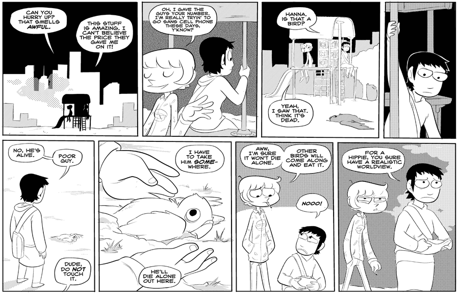 Octopus Pie – #114 – bird (2008-02-25). Meredith Gran, CC BY-NC-SA 3.0 US. https://www.octopuspie.com/comic/114-bird/