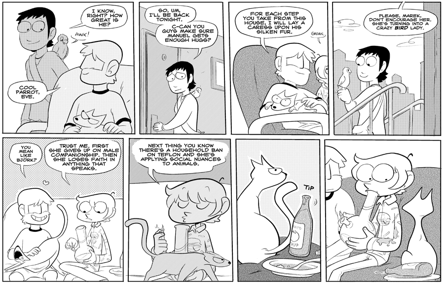 Octopus Pie – #118 – crazy bird lady (2008-03-05). Meredith Gran, CC BY-NC-SA 3.0 US. https://www.octopuspie.com/comic/118-crazy-bird-lady/