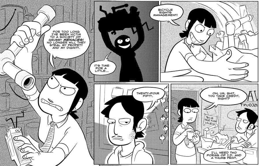 Octopus Pie – #012 – bicycle rights management (2007-06-08). Meredith Gran, CC BY-NC-SA 3.0 US. https://www.octopuspie.com/comic/012-bicycle-rights-management/