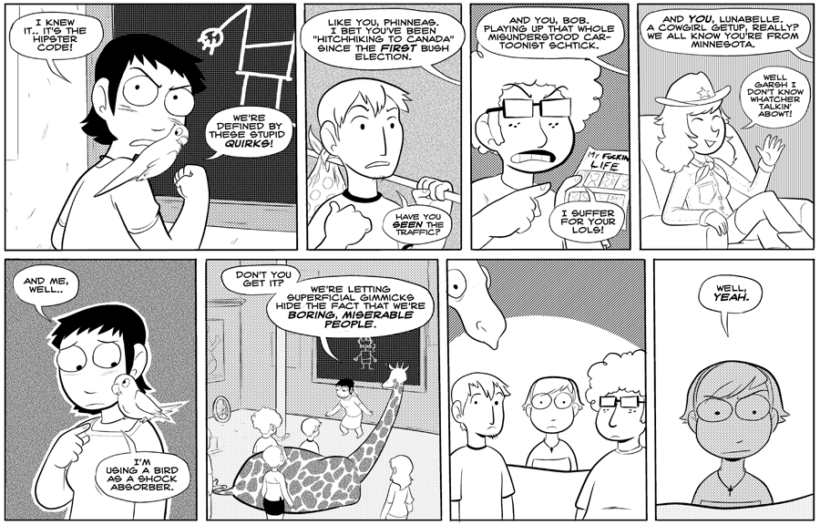 Octopus Pie – #124 – the hipster code (2008-03-19). Meredith Gran, CC BY-NC-SA 3.0 US. https://www.octopuspie.com/comic/124-the-hipster-code/