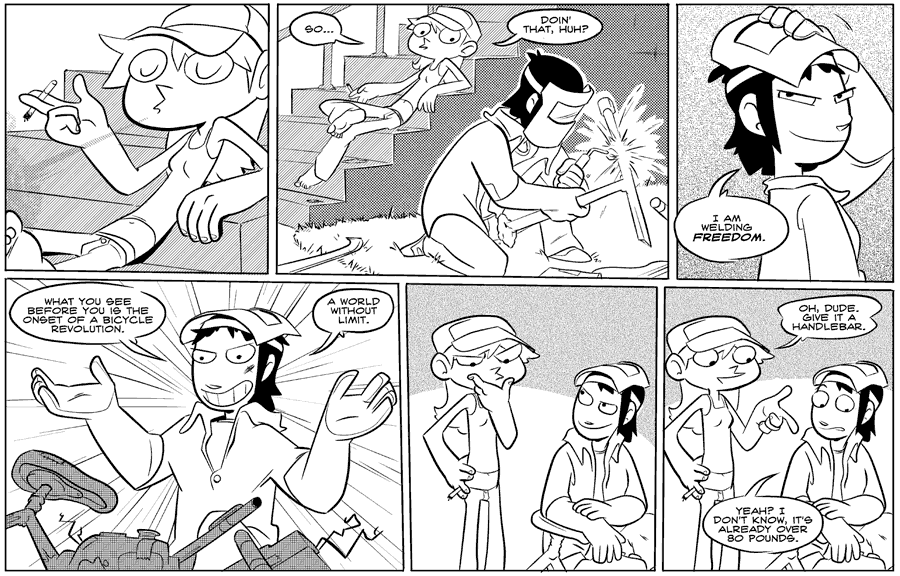 Octopus Pie – #013 – welding freedom (2007-06-11). Meredith Gran, CC BY-NC-SA 3.0 US. https://www.octopuspie.com/comic/013-welding-freedom/