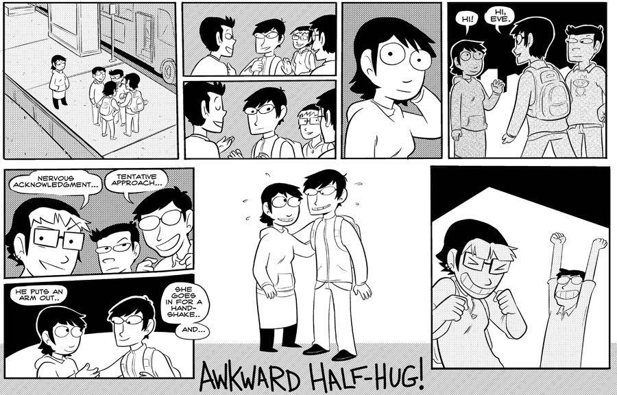 Octopus Pie – #141 – awkward half-hug (2008-05-07). Meredith Gran, CC BY-NC-SA 3.0 US. https://www.octopuspie.com/comic/141-awkward-half-hug/