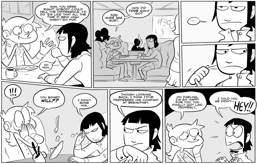 Octopus Pie – #033 – company at breakfast (2007-08-13). Meredith Gran, CC BY-NC-SA 3.0 US. https://www.octopuspie.com/comic/033-company-at-breakfast-2/
