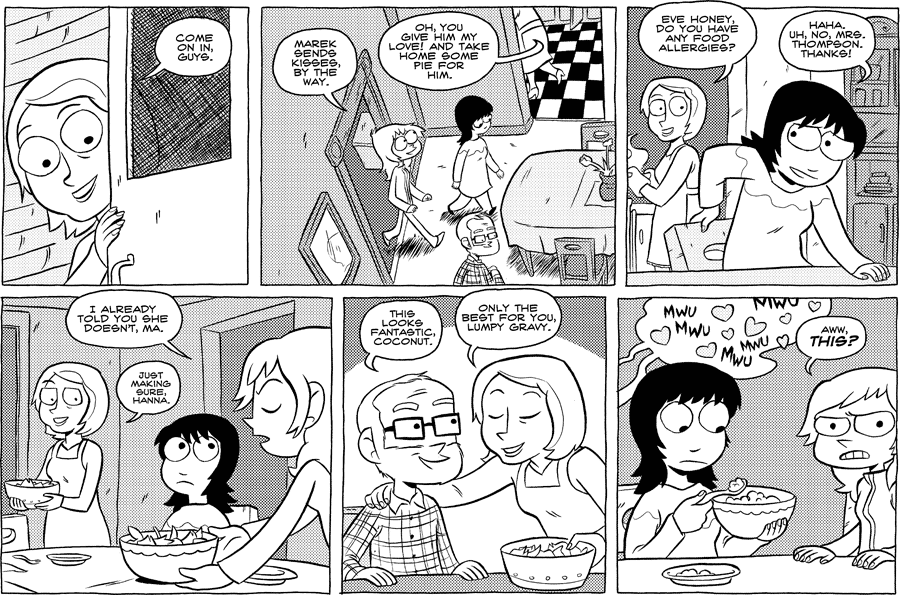 Octopus Pie – #341 – coconut and lumpy gravy (2009-11-21). Meredith Gran, CC BY-NC-SA 3.0 US. https://www.octopuspie.com/comic/341-coconut-and-lumpy-gravy/
