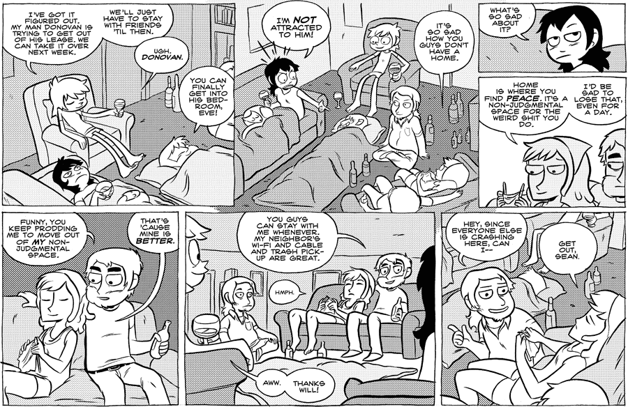Octopus Pie – #381 – crashing here (2010-08-11). Meredith Gran, CC BY-NC-SA 3.0 US. https://www.octopuspie.com/comic/381-crashing-here/