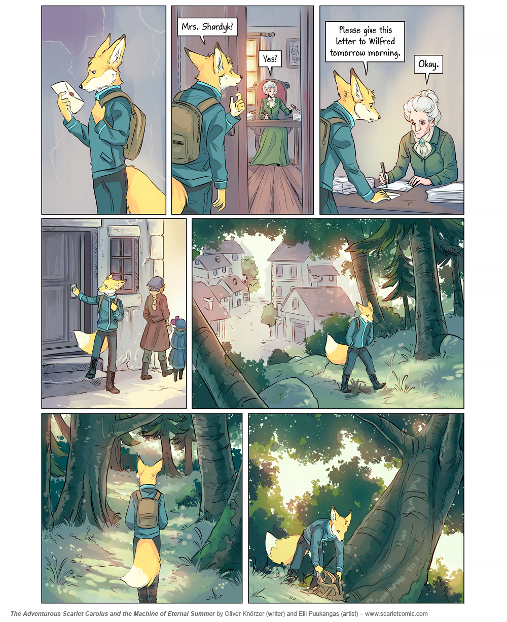 The Adventurous Scarlet Carolus – The Machine of Eternal Summer 016 (2024-04-04). Oliver Knörzer (writer) & Elli Puukangas (artist), CC BY-NC-ND 4.0. https://www.sandraandwoo.com/scarlet/comic/the-machine-of-eternal-summer-016/