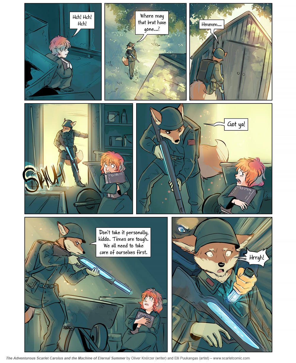 The Adventurous Scarlet Carolus – The Machine of Eternal Summer 028 (2024-05-16). Oliver Knörzer (writer) & Elli Puukangas (artist), CC BY-NC-ND 4.0. https://www.sandraandwoo.com/scarlet/comic/the-machine-of-eternal-summer-028/