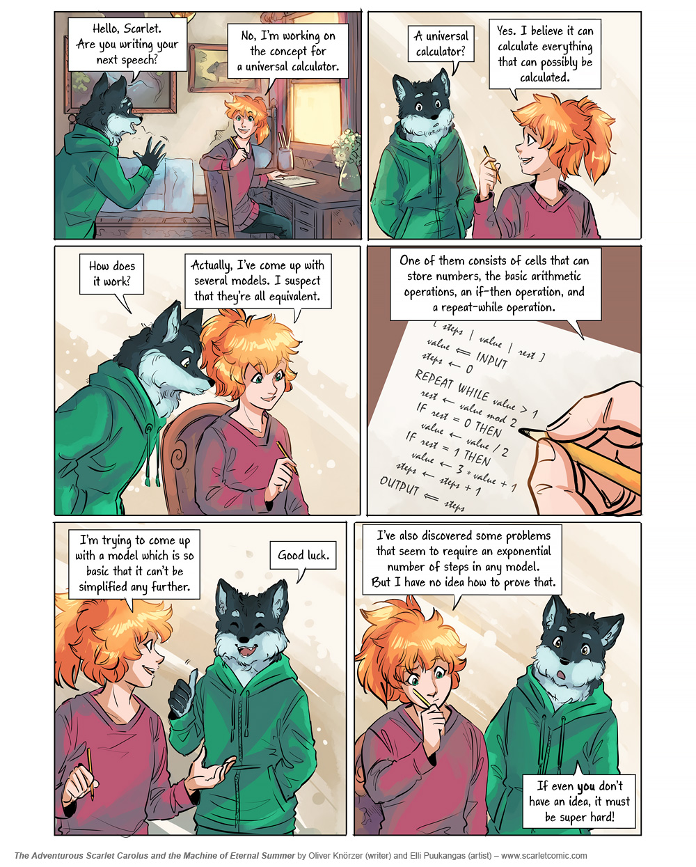The Adventurous Scarlet Carolus – Machine Girl 024 (2025-10-16). Oliver Knörzer (writer) & Elli Puukangas (artist), CC BY-NC-ND 4.0. https://www.sandraandwoo.com/scarlet/comic/machine-girl-024/
