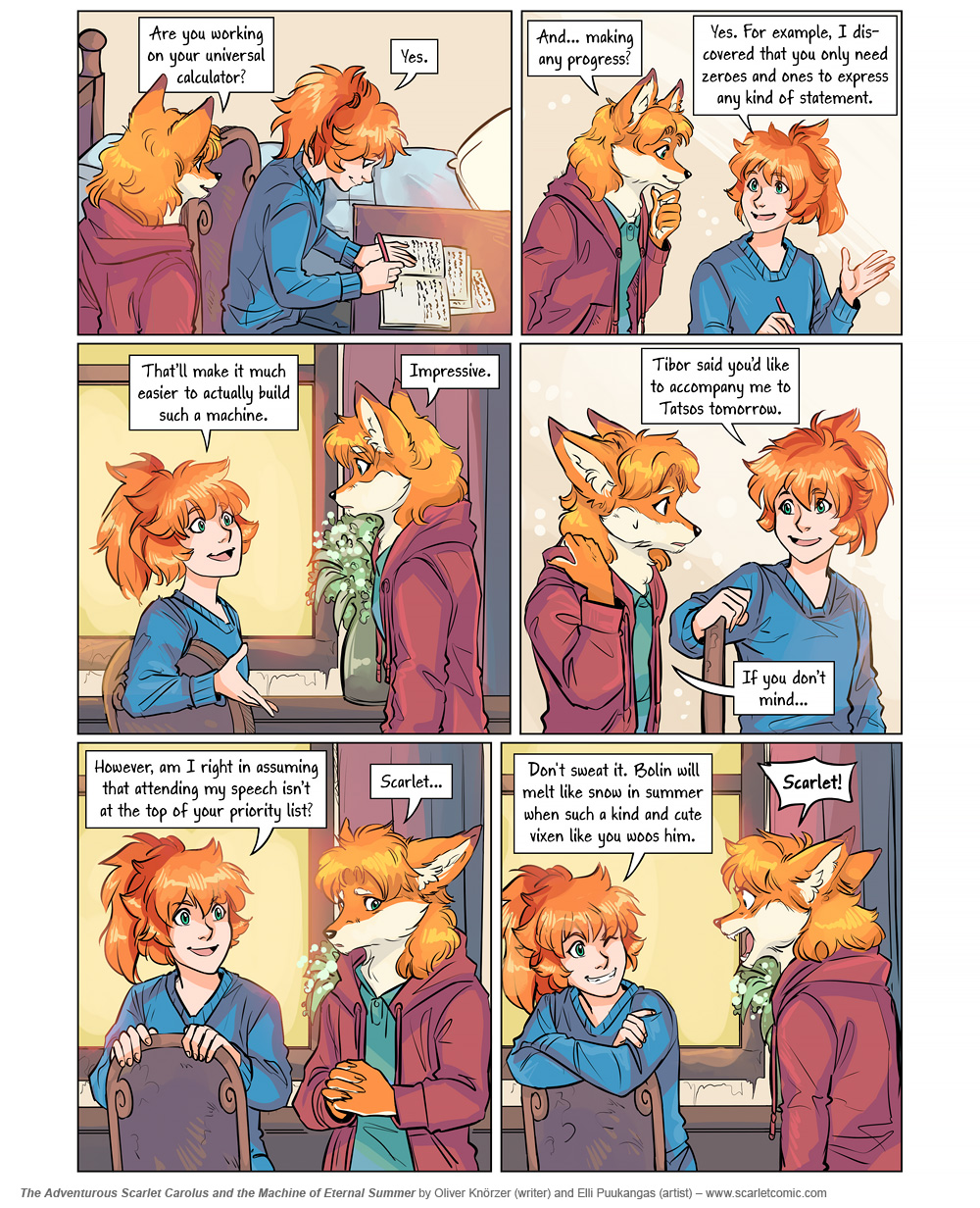 The Adventurous Scarlet Carolus – Machine Girl 053 (2026-02-11). Oliver Knörzer (writer) & Elli Puukangas (artist), CC BY-NC-ND 4.0. https://www.sandraandwoo.com/scarlet/comic/machine-girl-053/