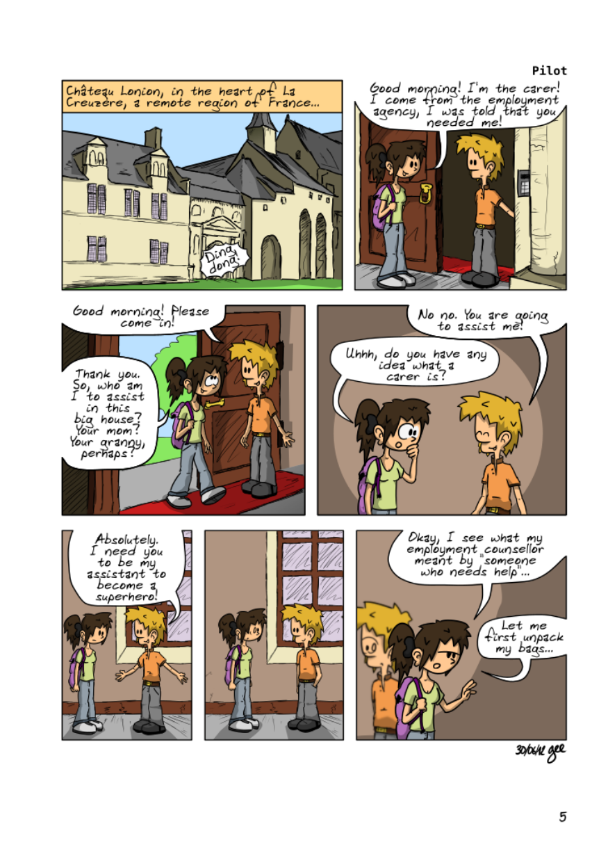 The Unnecessary Adventures of Superfluous, page 4. The Unnecessary Adventures of Superfluous by Gee, CC BY-SA 2.0 France. https://editions.ptilouk.net/superfluous/