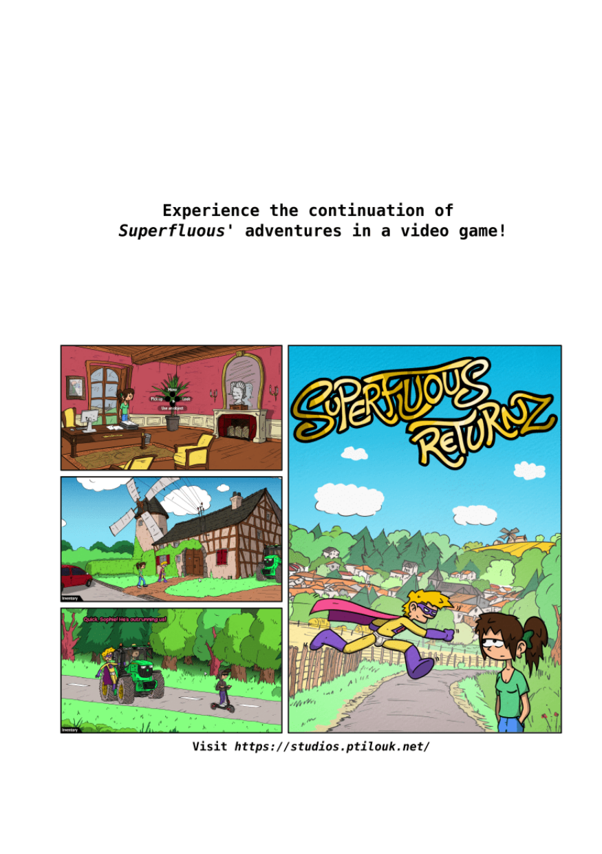 The Unnecessary Adventures of Superfluous, page 48. The Unnecessary Adventures of Superfluous by Gee, CC BY-SA 2.0 France. https://editions.ptilouk.net/superfluous/