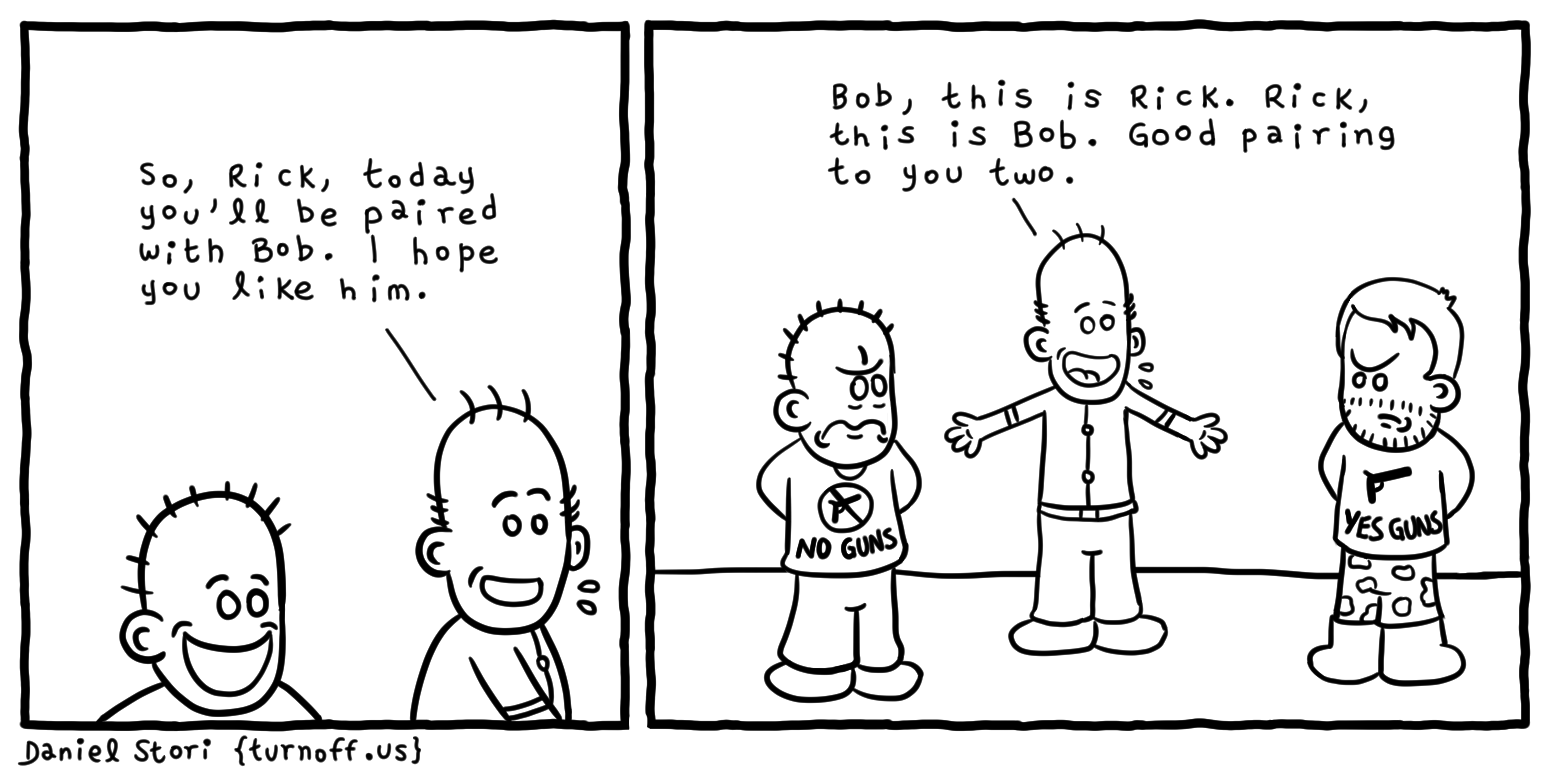 turnoff.us – chronicles of pair programming (2017-06-24). Daniel Stori, CC BY-NC-SA 4.0. https://turnoff.us/geek/chronicles-of-pair-programming/