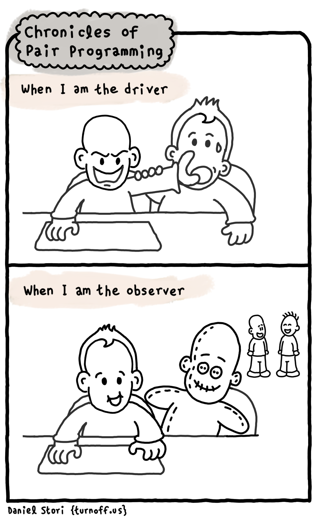 turnoff.us – chronicles of pair programming 2 (2017-10-07). Daniel Stori, CC BY-NC-SA 4.0. https://turnoff.us/geek/chronicles-of-pair-programming-2/