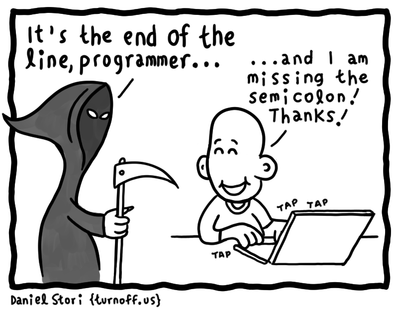 turnoff.us – death and the programmer (2017-10-18). Daniel Stori, CC BY-NC-SA 4.0. https://turnoff.us/geek/death-and-the-programmer/