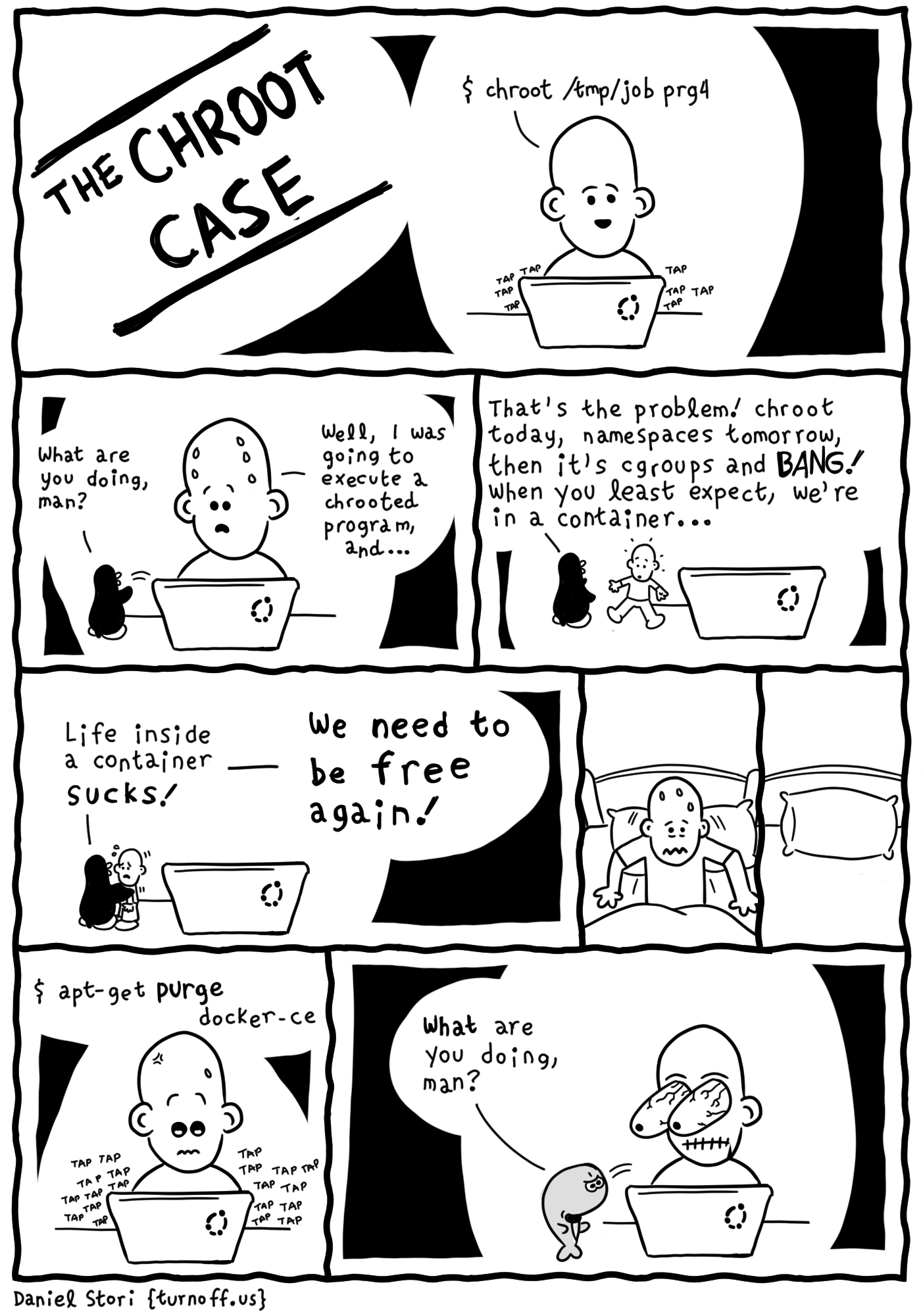 turnoff.us – the chroot case (2018-01-06). Daniel Stori, CC BY-NC-SA 4.0. https://turnoff.us/geek/the-chroot-case/