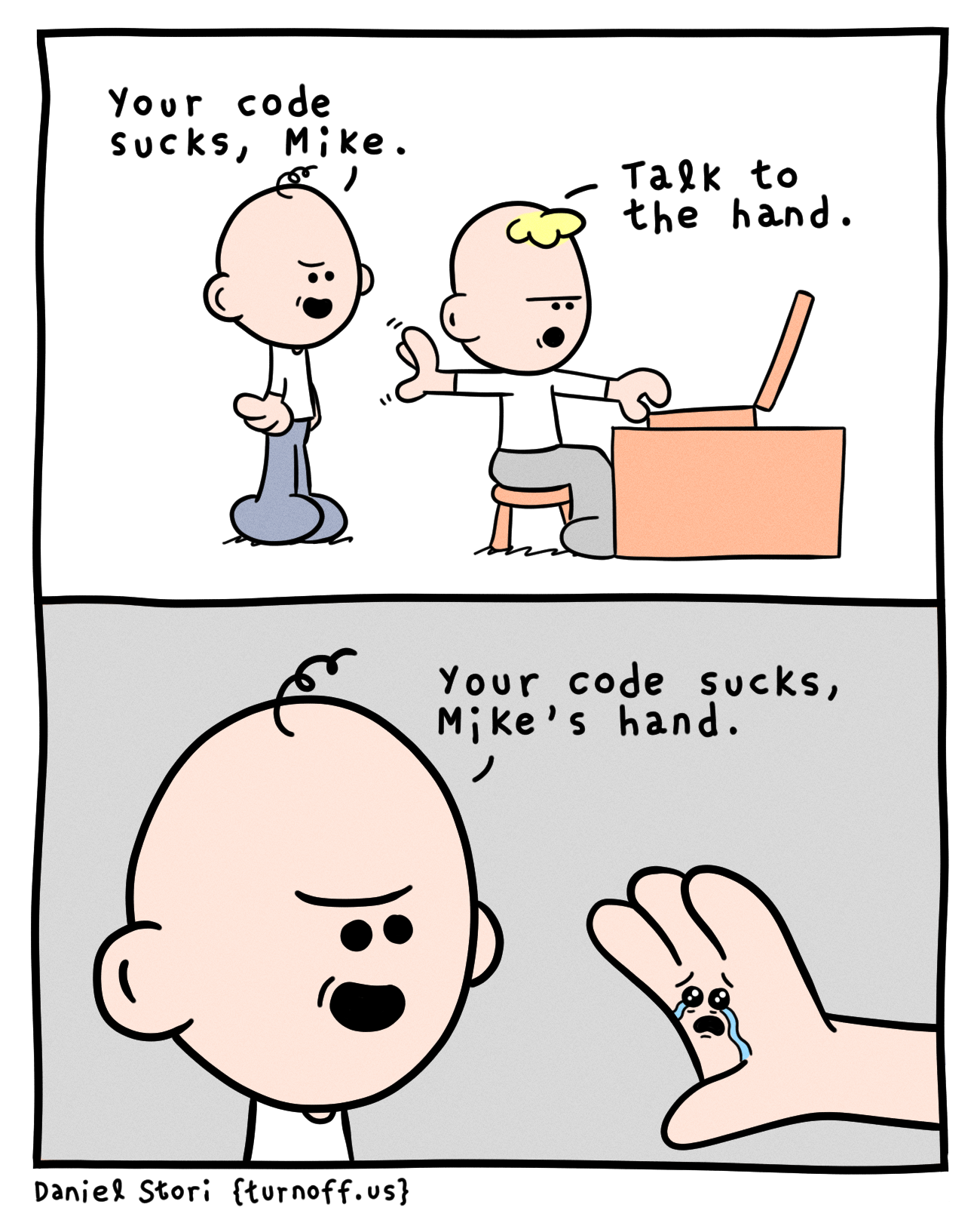 turnoff.us – the depressed developer 27 (2018-09-11), part 1. Daniel Stori, CC BY-NC-SA 4.0. https://turnoff.us/geek/the-depressed-developer-27/
