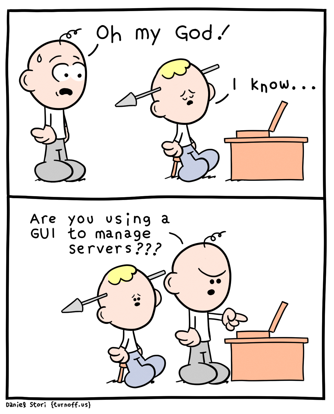 turnoff.us – the depressed developer 33 (2018-09-25), part 1. Daniel Stori, CC BY-NC-SA 4.0. https://turnoff.us/geek/the-depressed-developer-33/