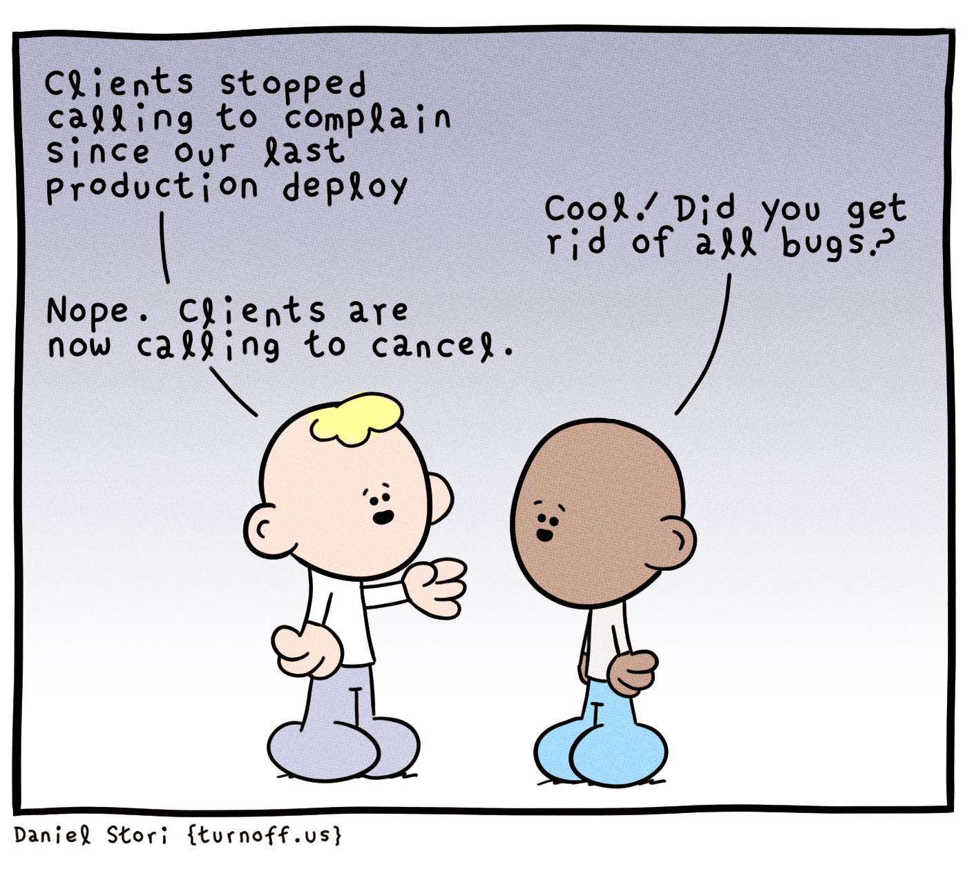 turnoff.us – the depressed developer 34 (2018-10-06), part 1. Daniel Stori, CC BY-NC-SA 4.0. https://turnoff.us/geek/the-depressed-developer-34/