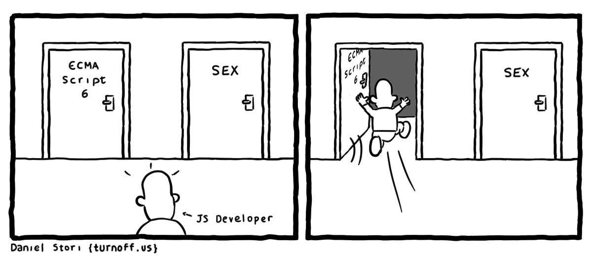 turnoff.us – about javascript developers (2016-03-20). Daniel Stori, CC BY-NC-SA 4.0. https://turnoff.us/geek/love-ecma6/