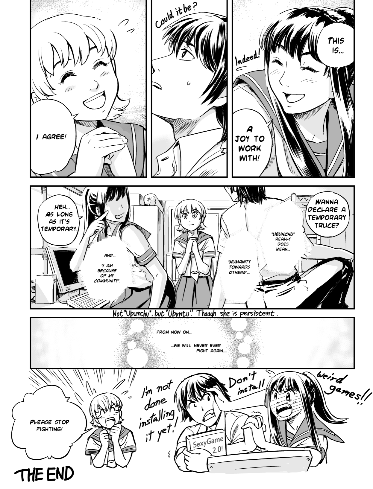 Ubunchu! chapter 1, page 12. Hiroshi Seo (Seotch), published by ASCII Media Works in Ubuntu Magazine Japan. License — original CC BY-NC 3.0 (https://creativecommons.org/licenses/by-nc/3.0/); English translation by the Ubunchu translators group (https://gitlab.com/ubunchu-translators/ubunchu), CC BY-NC 3.0.