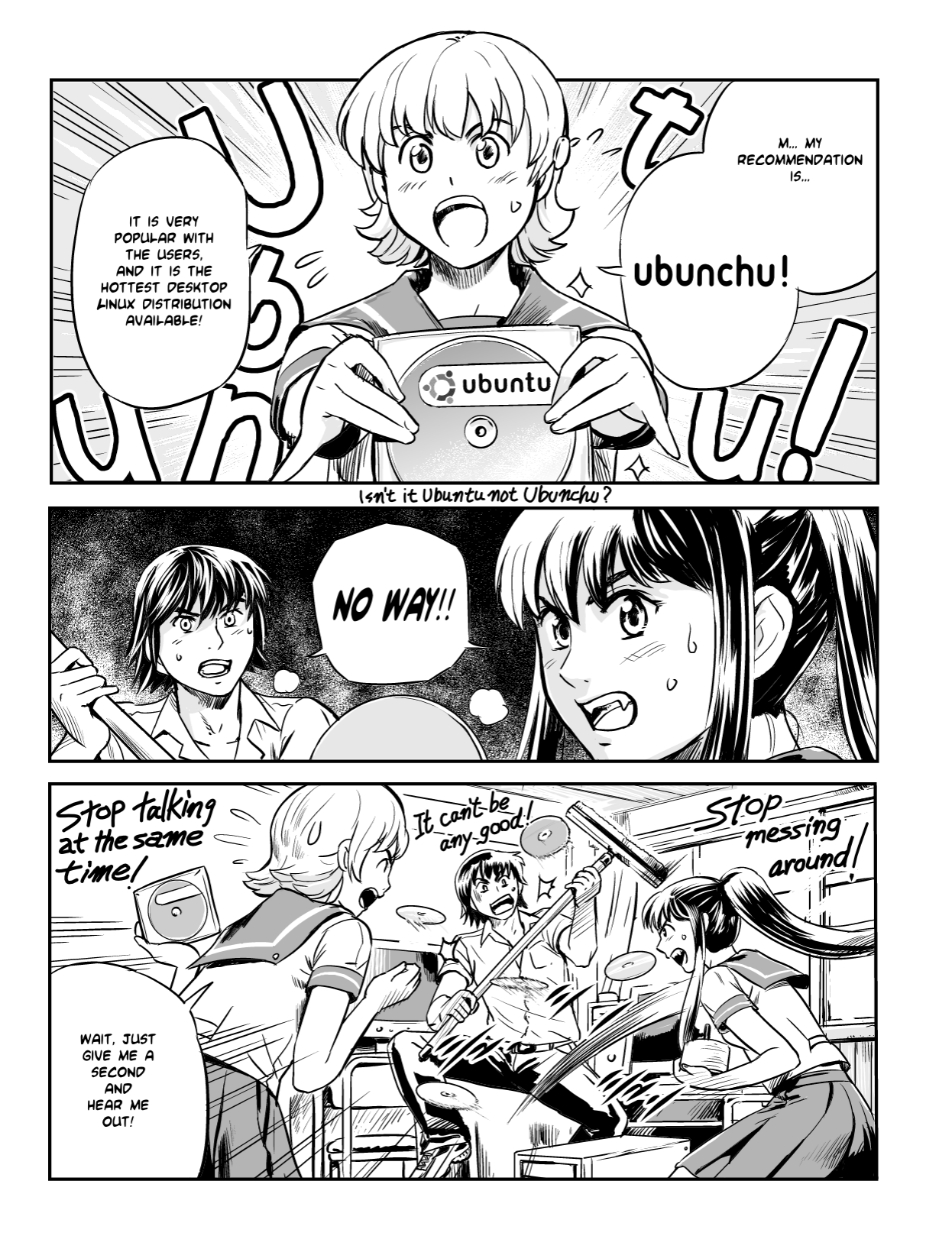 Ubunchu! chapter 1, page 3. Hiroshi Seo (Seotch), published by ASCII Media Works in Ubuntu Magazine Japan. License — original CC BY-NC 3.0 (https://creativecommons.org/licenses/by-nc/3.0/); English translation by the Ubunchu translators group (https://gitlab.com/ubunchu-translators/ubunchu), CC BY-NC 3.0.