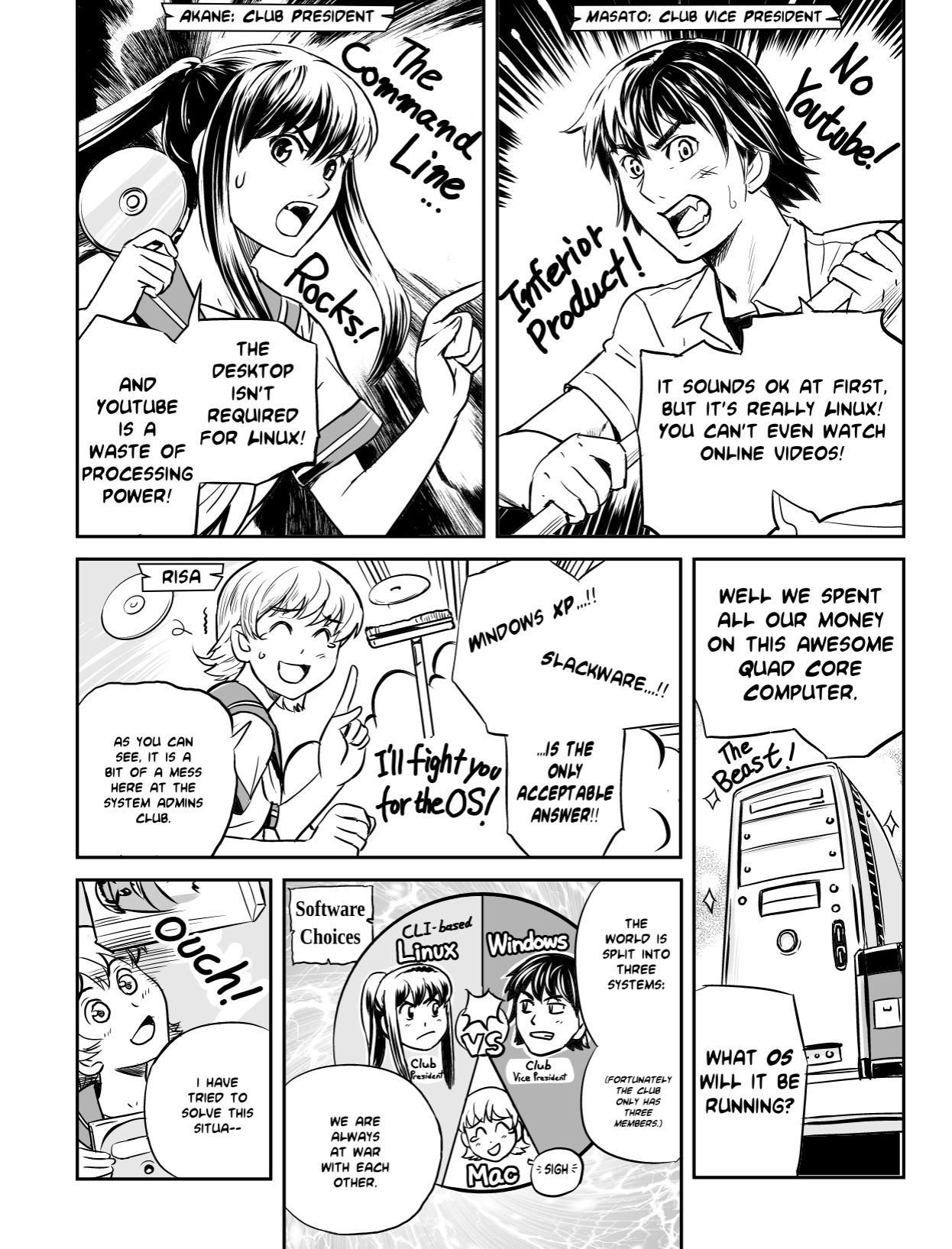 Ubunchu! chapter 1, page 4. Hiroshi Seo (Seotch), published by ASCII Media Works in Ubuntu Magazine Japan. License — original CC BY-NC 3.0 (https://creativecommons.org/licenses/by-nc/3.0/); English translation by the Ubunchu translators group (https://gitlab.com/ubunchu-translators/ubunchu), CC BY-NC 3.0.