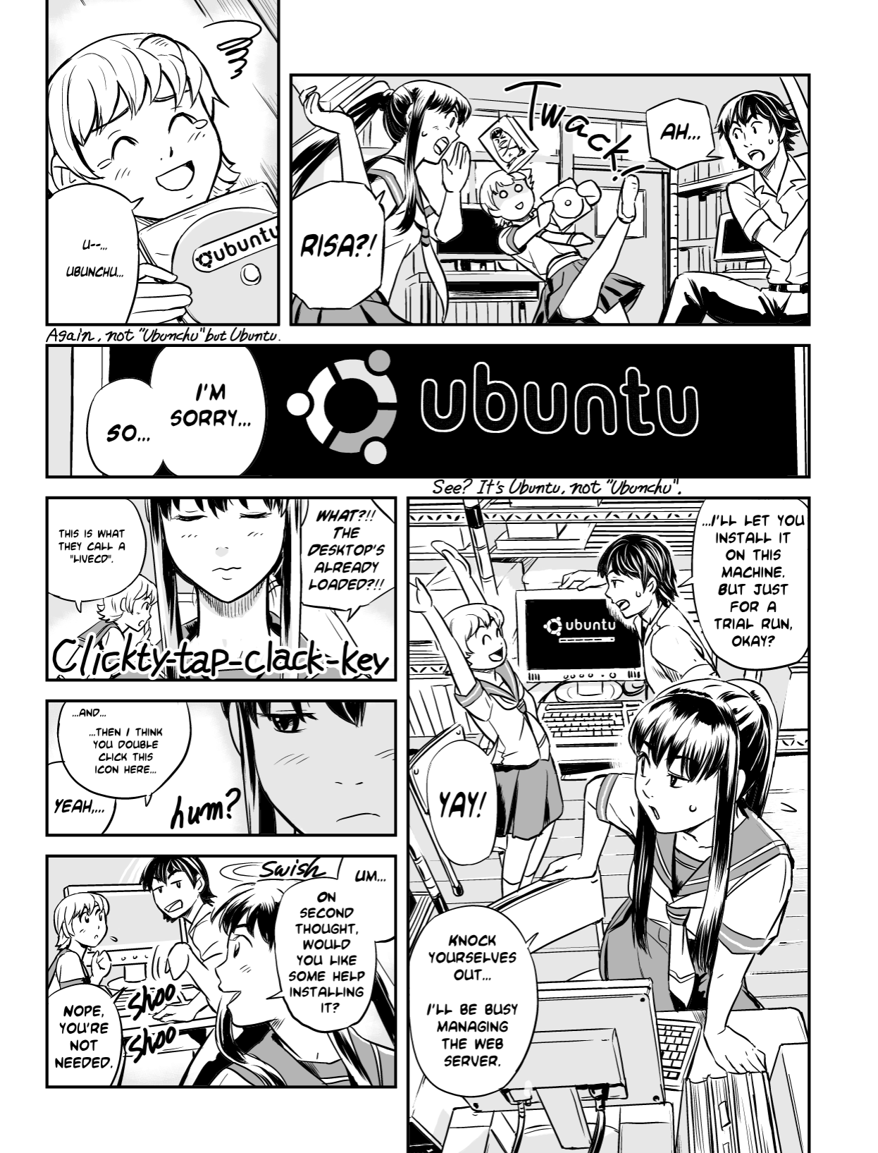 Ubunchu! chapter 1, page 5. Hiroshi Seo (Seotch), published by ASCII Media Works in Ubuntu Magazine Japan. License — original CC BY-NC 3.0 (https://creativecommons.org/licenses/by-nc/3.0/); English translation by the Ubunchu translators group (https://gitlab.com/ubunchu-translators/ubunchu), CC BY-NC 3.0.