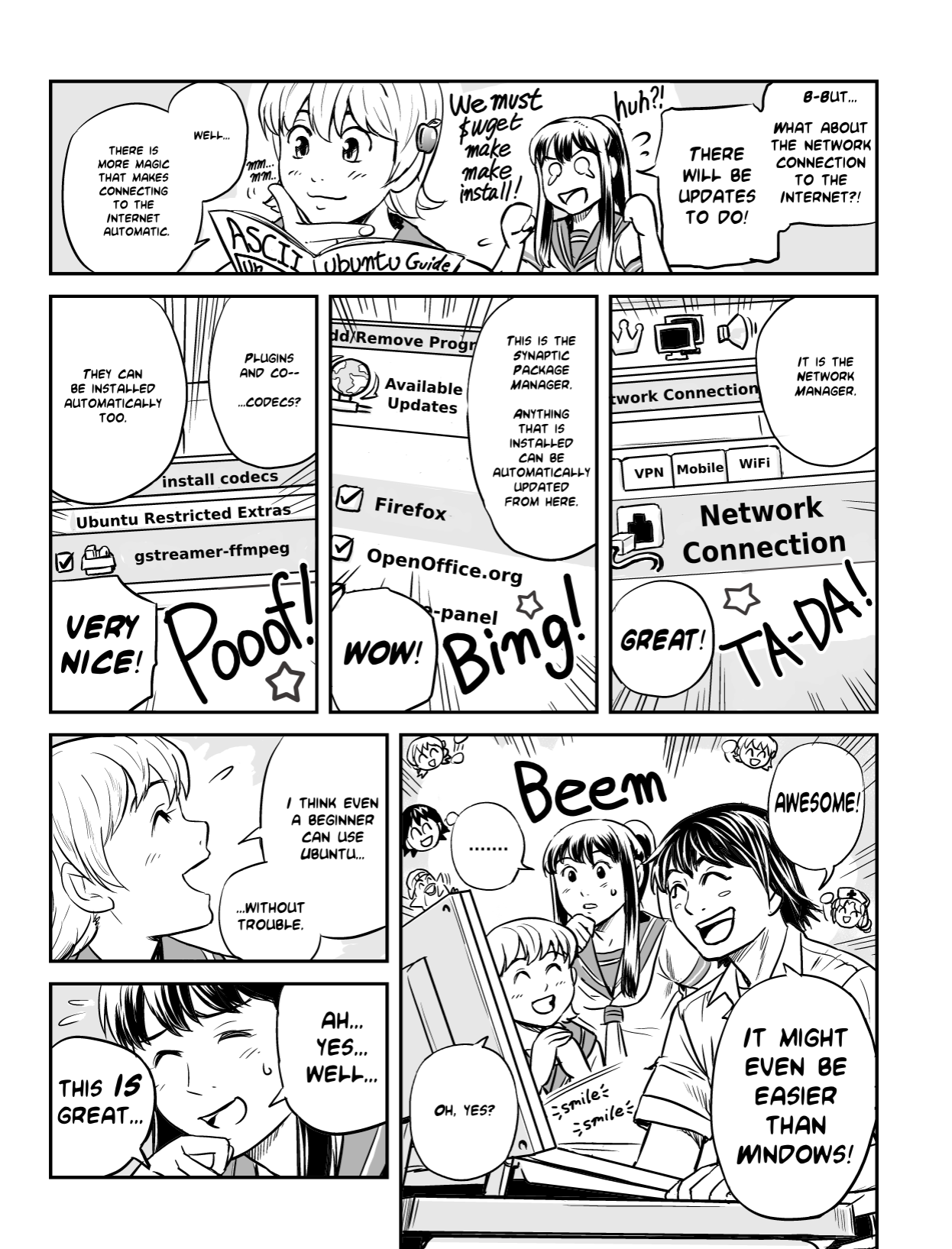 Ubunchu! chapter 1, page 7. Hiroshi Seo (Seotch), published by ASCII Media Works in Ubuntu Magazine Japan. License — original CC BY-NC 3.0 (https://creativecommons.org/licenses/by-nc/3.0/); English translation by the Ubunchu translators group (https://gitlab.com/ubunchu-translators/ubunchu), CC BY-NC 3.0.