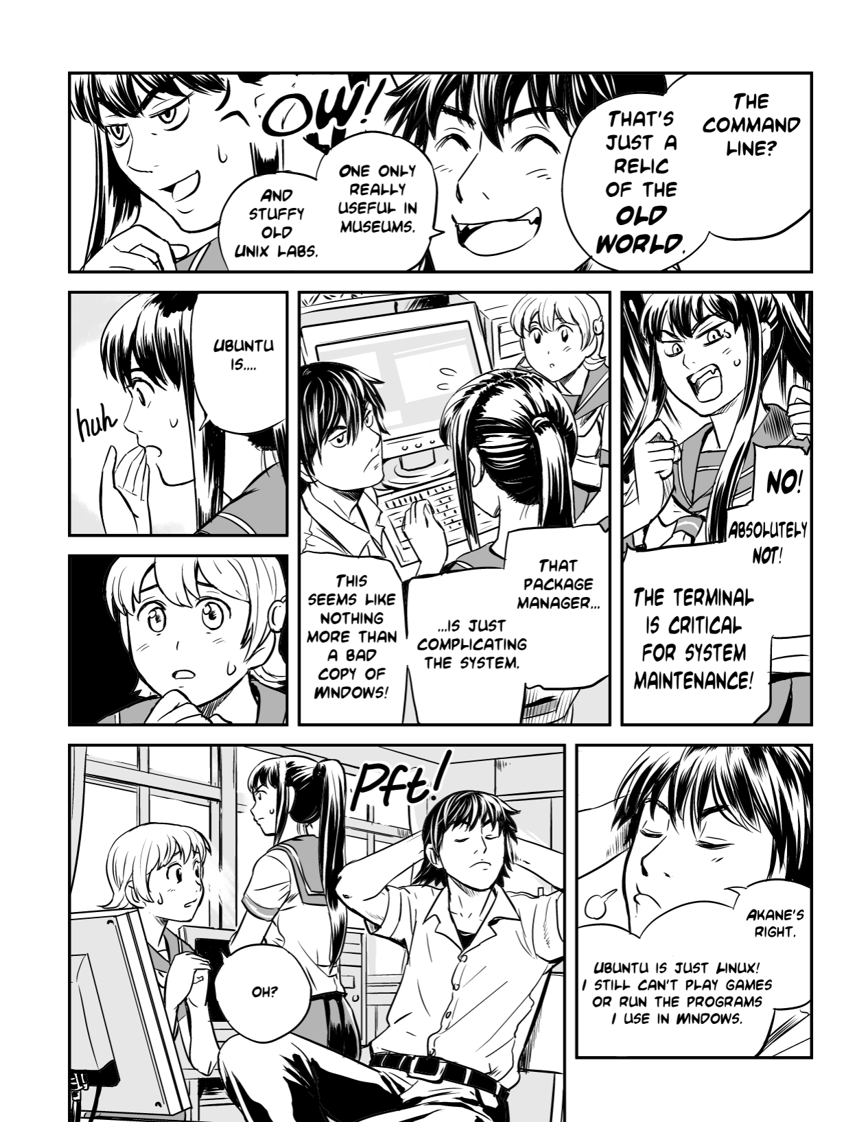 Ubunchu! chapter 1, page 8. Hiroshi Seo (Seotch), published by ASCII Media Works in Ubuntu Magazine Japan. License — original CC BY-NC 3.0 (https://creativecommons.org/licenses/by-nc/3.0/); English translation by the Ubunchu translators group (https://gitlab.com/ubunchu-translators/ubunchu), CC BY-NC 3.0.