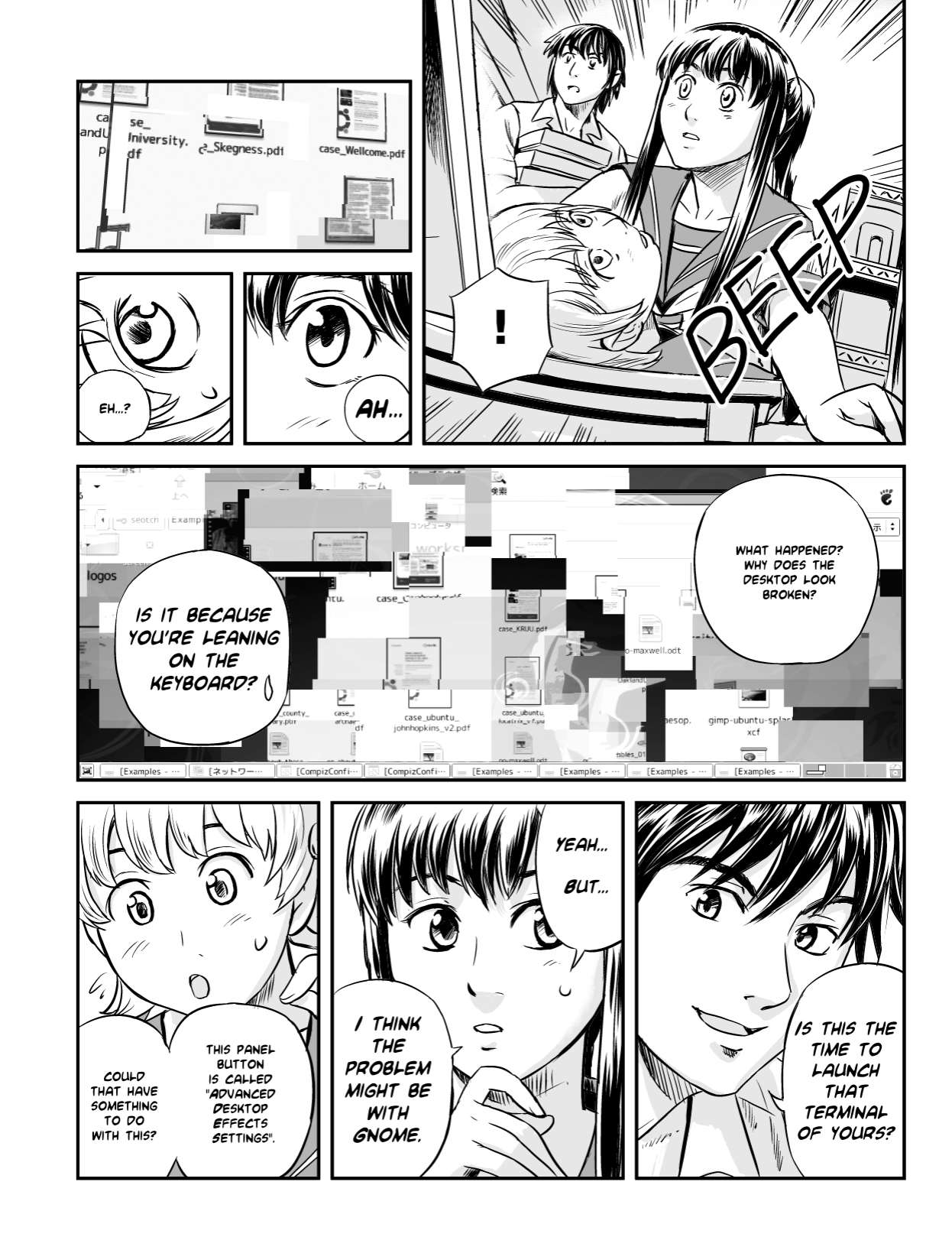Ubunchu! chapter 1, page 10. Hiroshi Seo (Seotch), published by ASCII Media Works in Ubuntu Magazine Japan. License — original CC BY-NC 3.0 (https://creativecommons.org/licenses/by-nc/3.0/); English translation by the Ubunchu translators group (https://gitlab.com/ubunchu-translators/ubunchu), CC BY-NC 3.0.