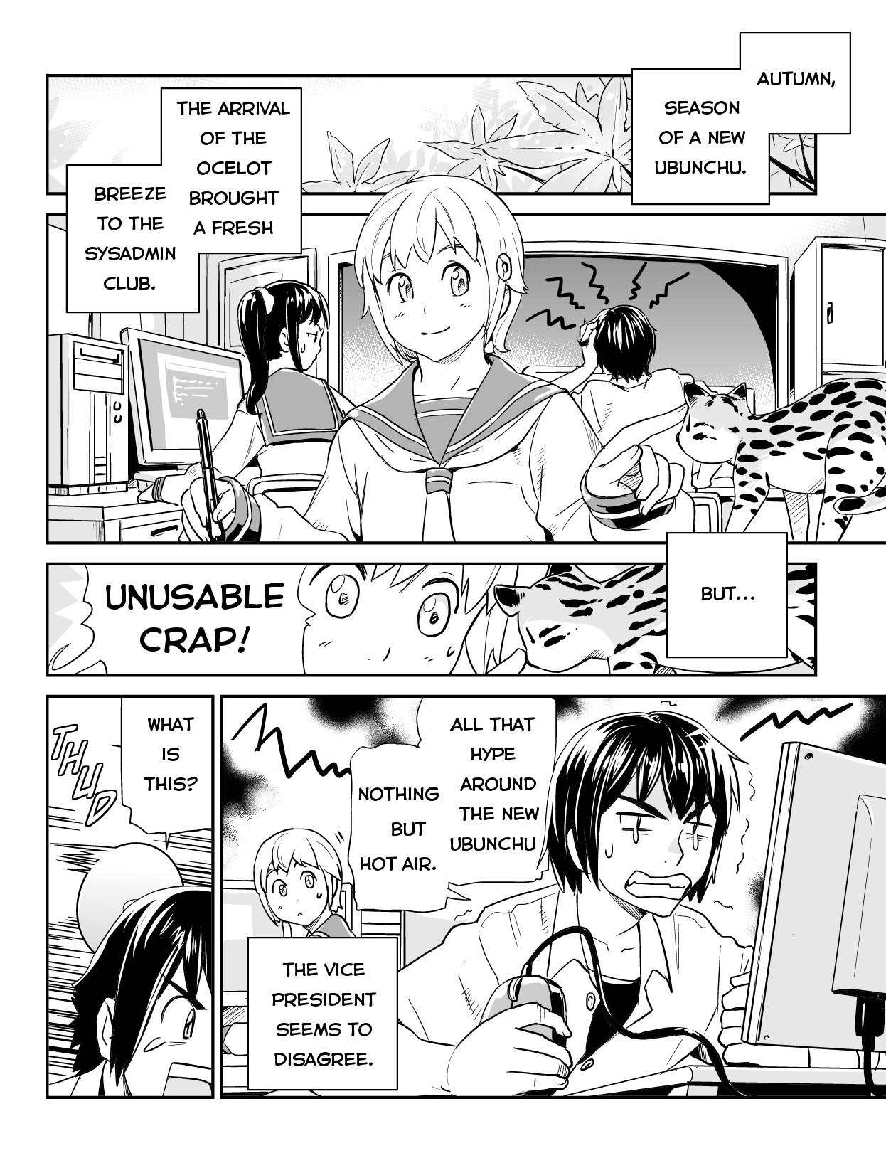 Ubunchu! chapter 10, page 2. Hiroshi Seo (Seotch), published by ASCII Media Works in Ubuntu Magazine Japan. License — original CC BY-NC 3.0 (https://creativecommons.org/licenses/by-nc/3.0/); English translation by Tarek Saier (https://sirtetris.gitlab.io/ubunchu-translation/), CC BY-NC 4.0.