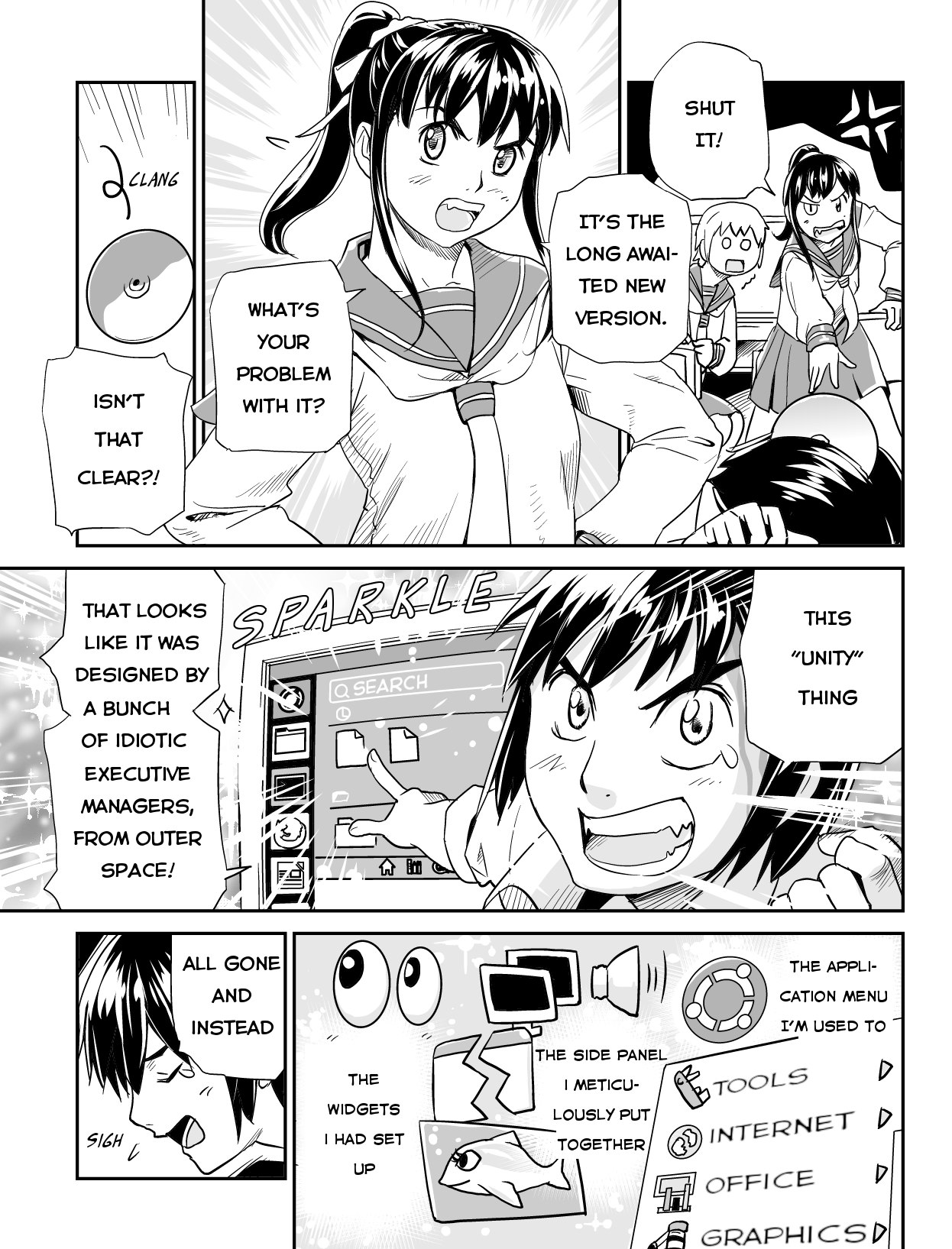 Ubunchu! chapter 10, page 3. Hiroshi Seo (Seotch), published by ASCII Media Works in Ubuntu Magazine Japan. License — original CC BY-NC 3.0 (https://creativecommons.org/licenses/by-nc/3.0/); English translation by Tarek Saier (https://sirtetris.gitlab.io/ubunchu-translation/), CC BY-NC 4.0.